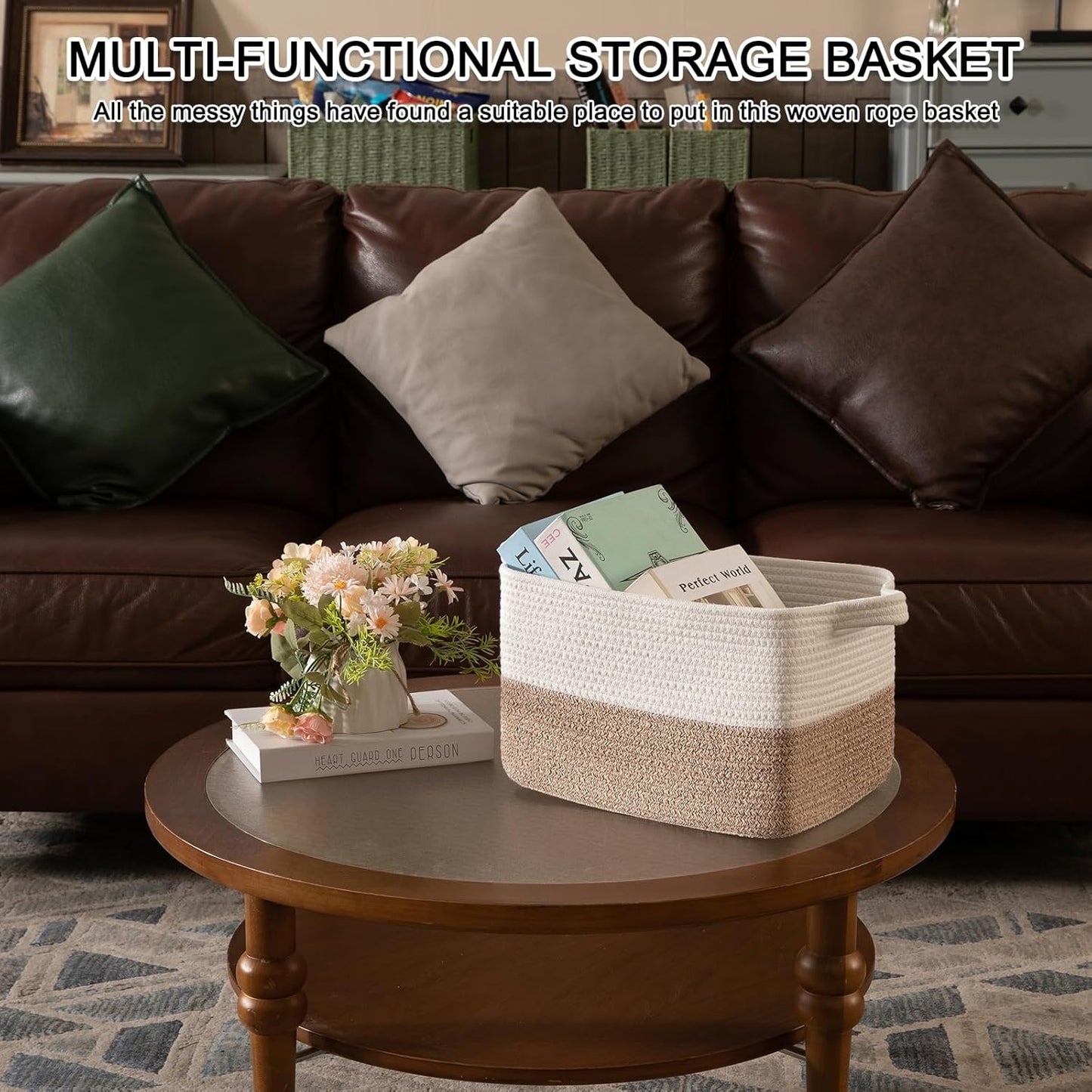 Woven Storage Basket / Brown and White / 13 x 10 x 9