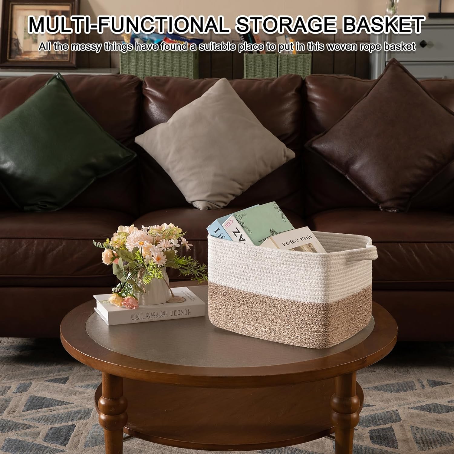 Woven Storage Basket / Brown and White / 13 x 10 x 9
