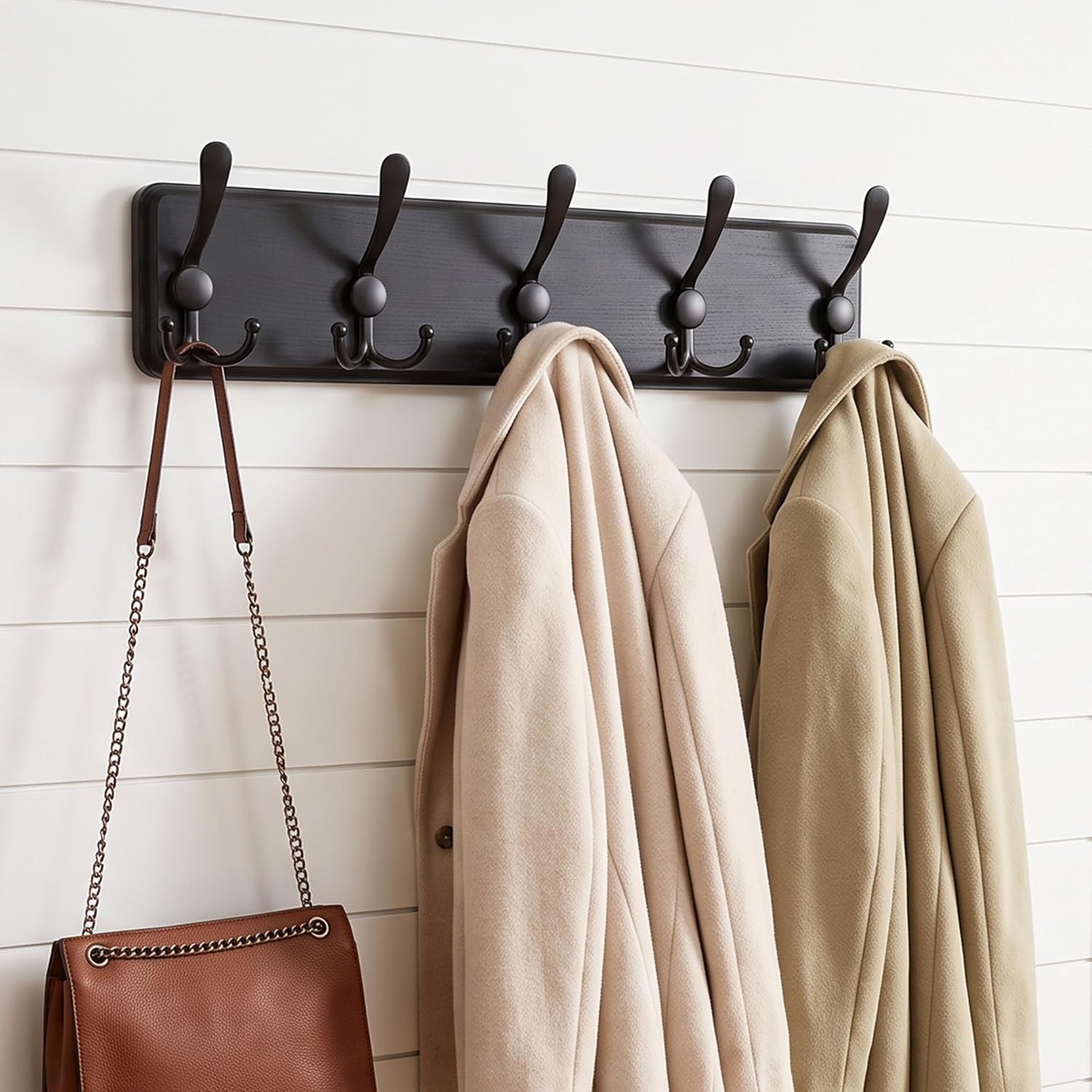 WEBI Rustic Coat Rack Wall Mount,Wood Coat Hooks Wall Mounted Coat Hanger,16" Hole to Hole,Hook Rack Rail,5 Triple