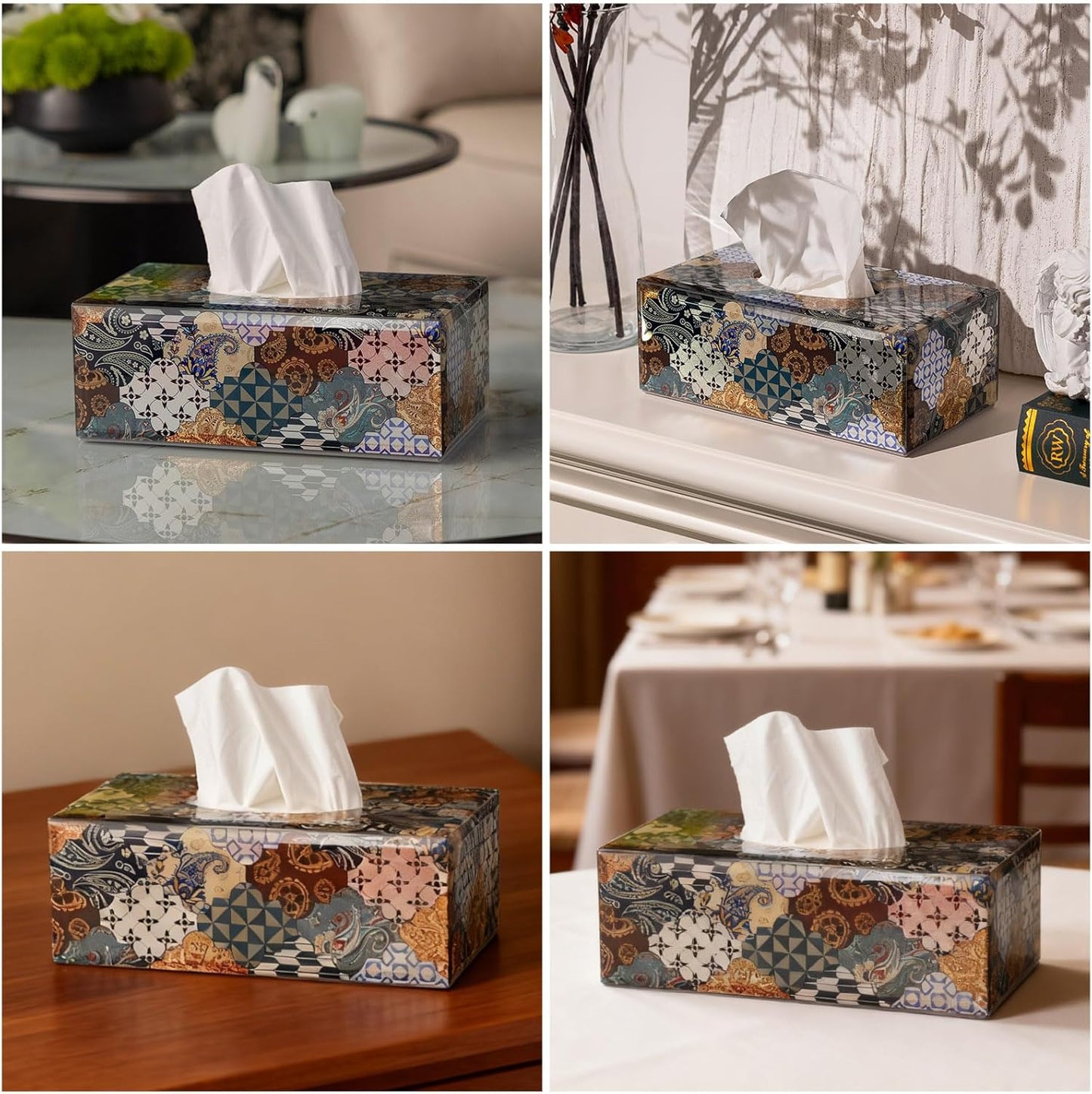 Glass Tissue Box Cover -Patchwork Pattern Decorative Tissue Holder / Patchwork-blue / Rectangle
