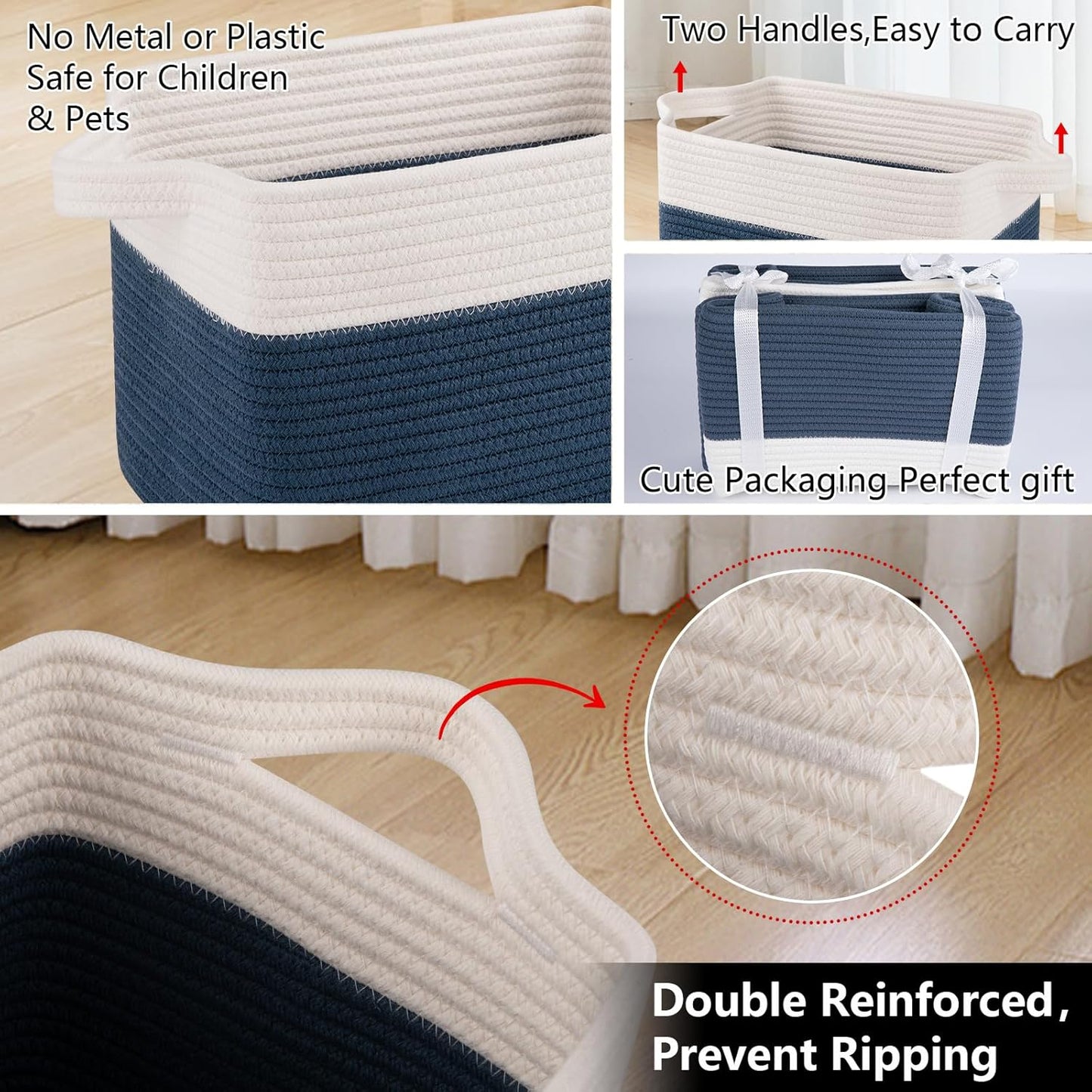 Woven Cotton Rope Baskets / Blue & White / 13 x 9.9 x 8.7 / Set of 3