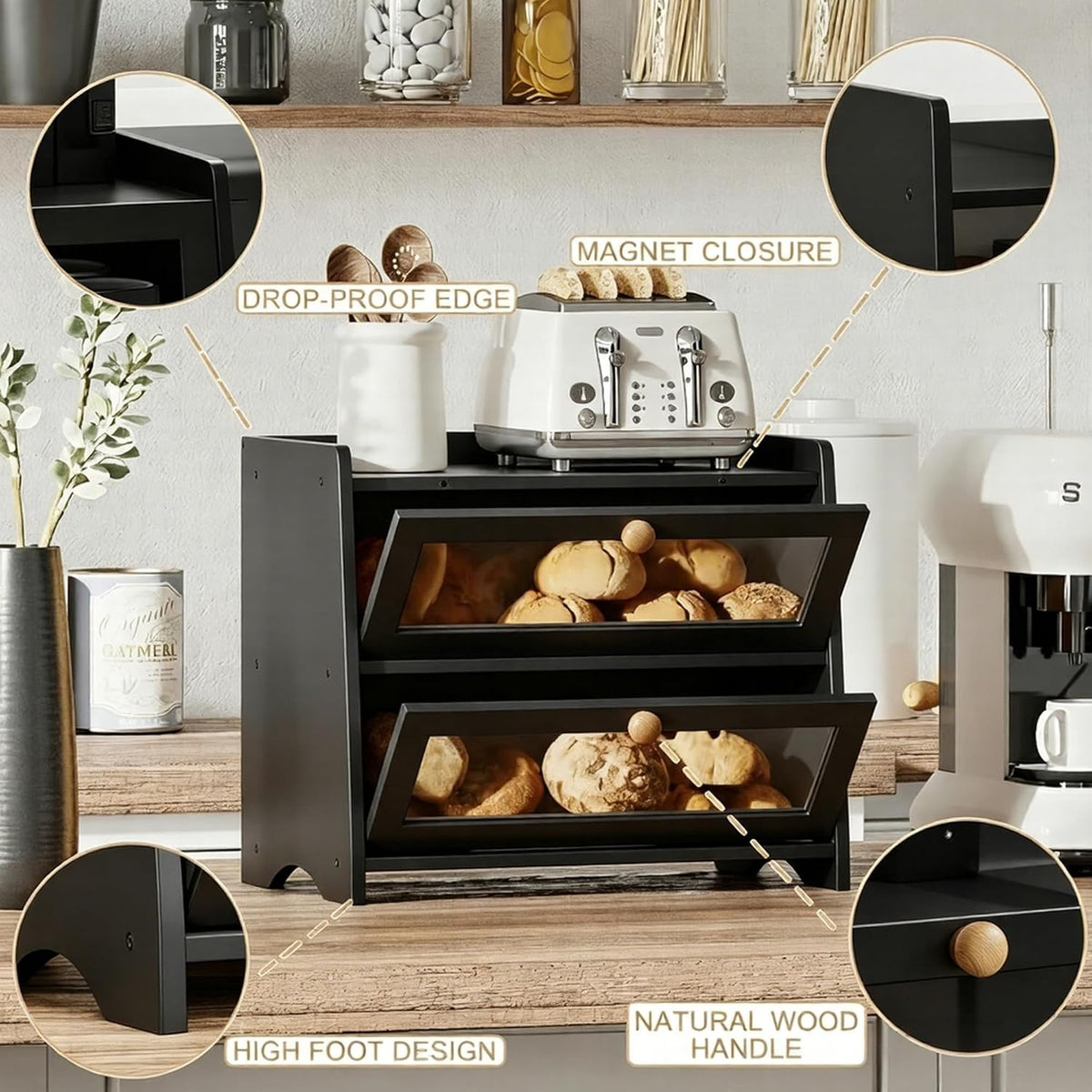BAMBANG Bread Box for Kitchen Countertop, Extra Large Bamboo Bread Storage Container for Homemade Bread, Double Layer