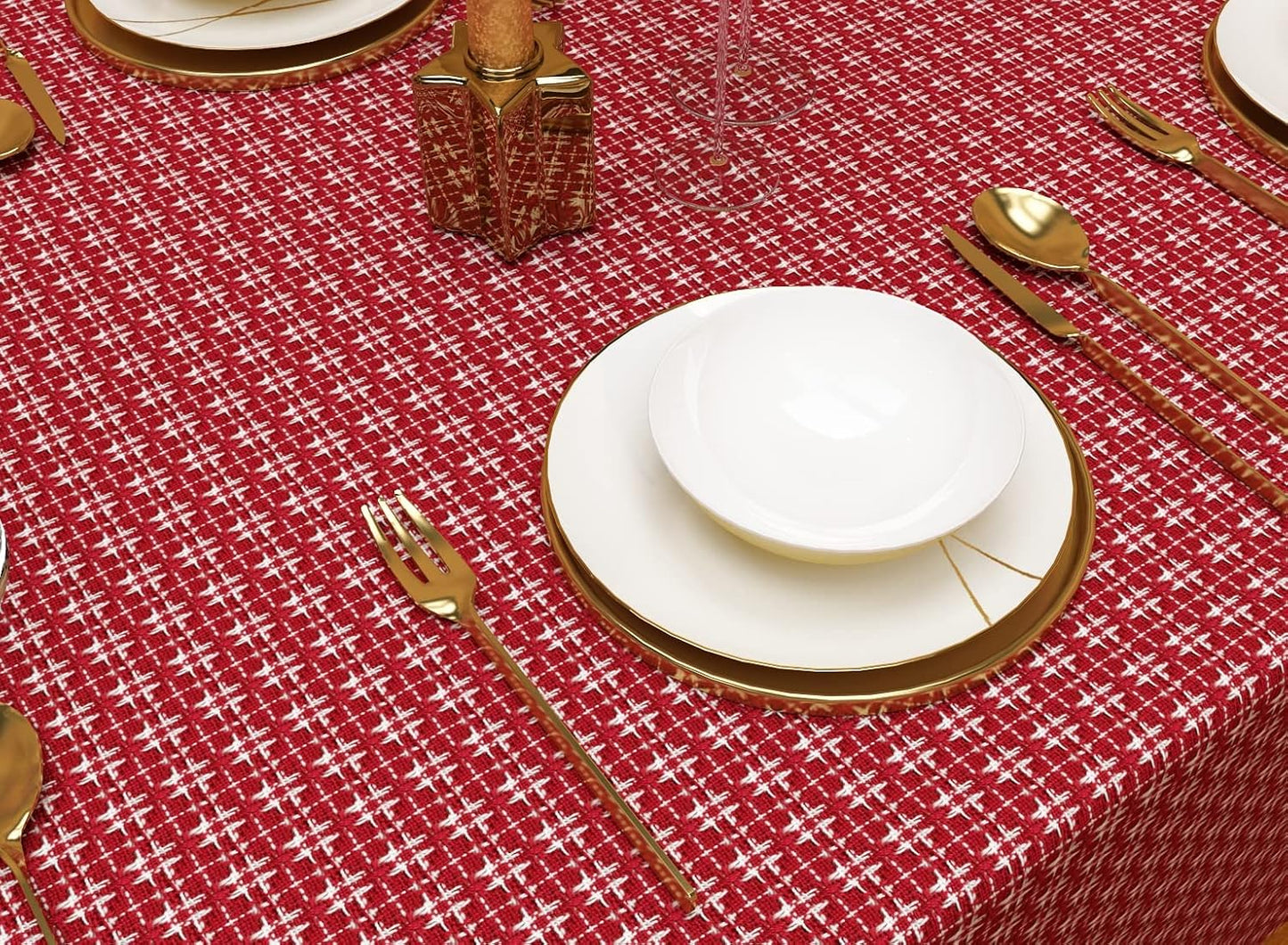 Table Cloth, Spice Red/White Woven Fringed, 100% Cotton Table Cover, Size 60x120 Inch, Suitable for Formal Dining