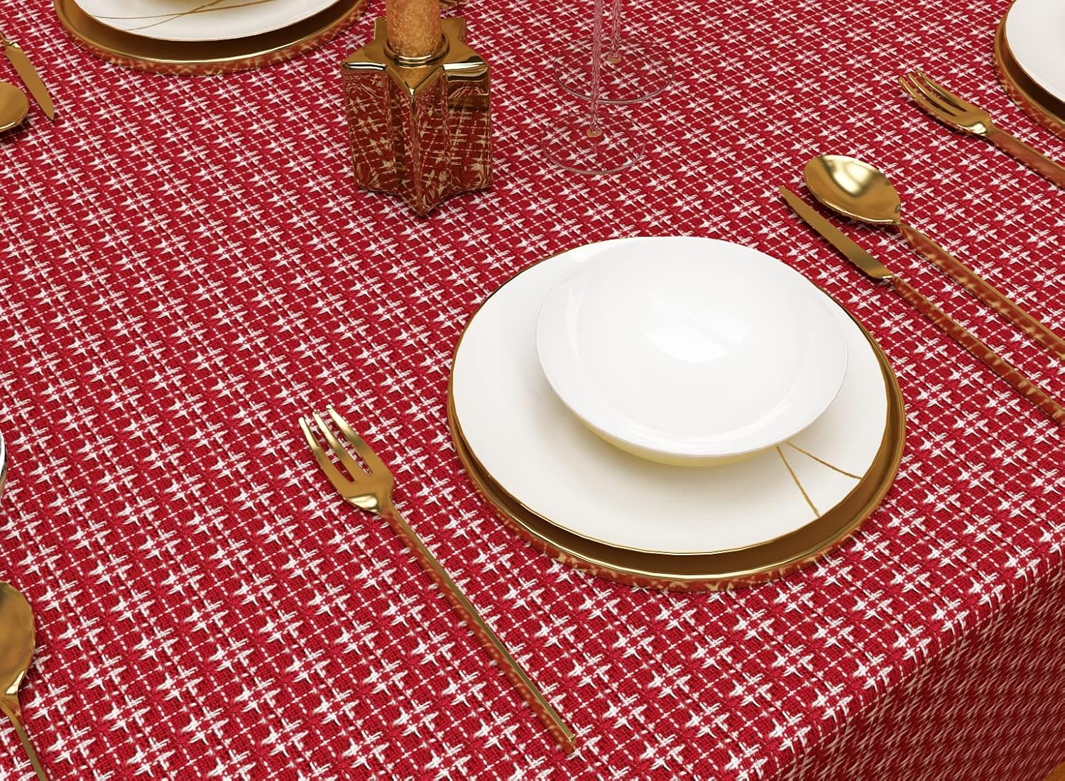 Table Cloth, Spice Red/White Woven Fringed, 100% Cotton Table Cover, Size 60x120 Inch, Suitable for Formal Dining