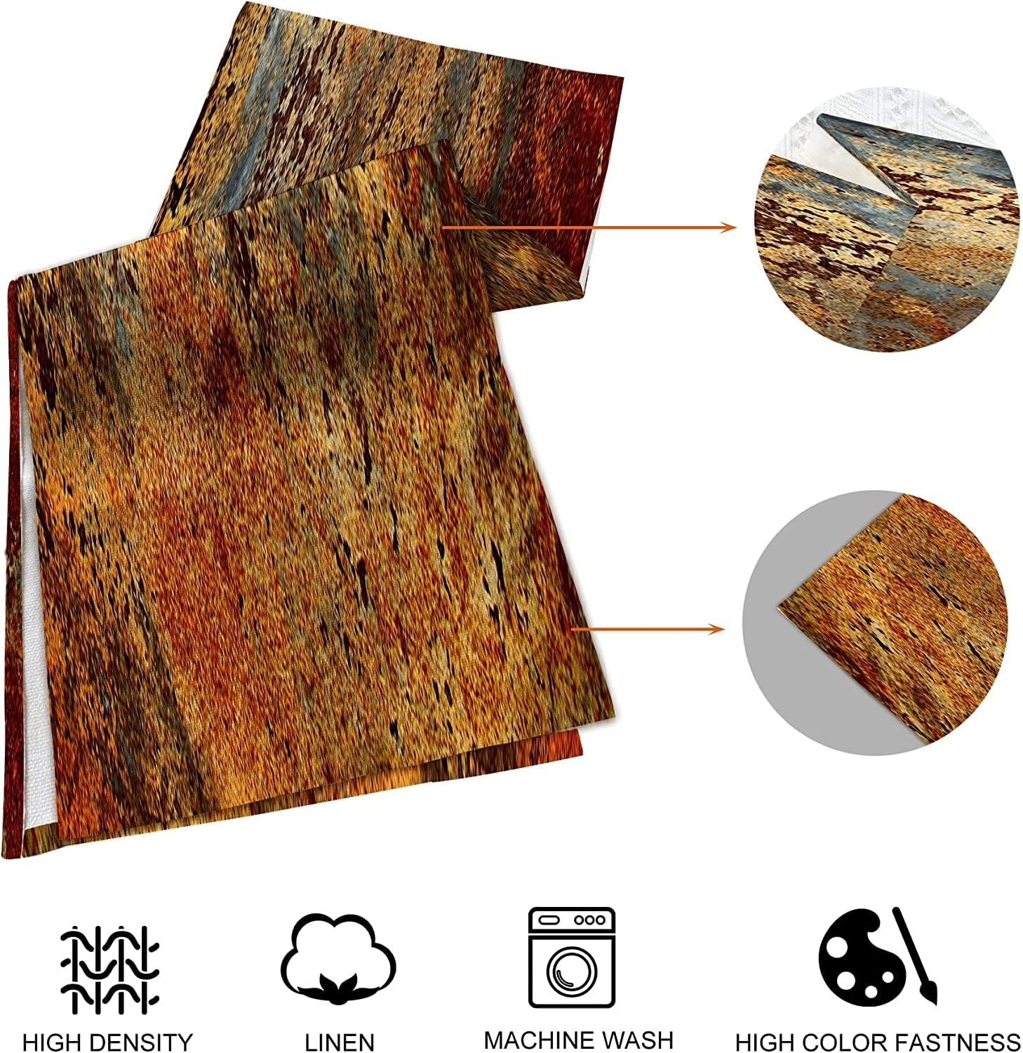 Brown Rust Table Runner and Placemats Set of 6, Linen 90" Long | Abstract colorful rusty metal style. Washable linen