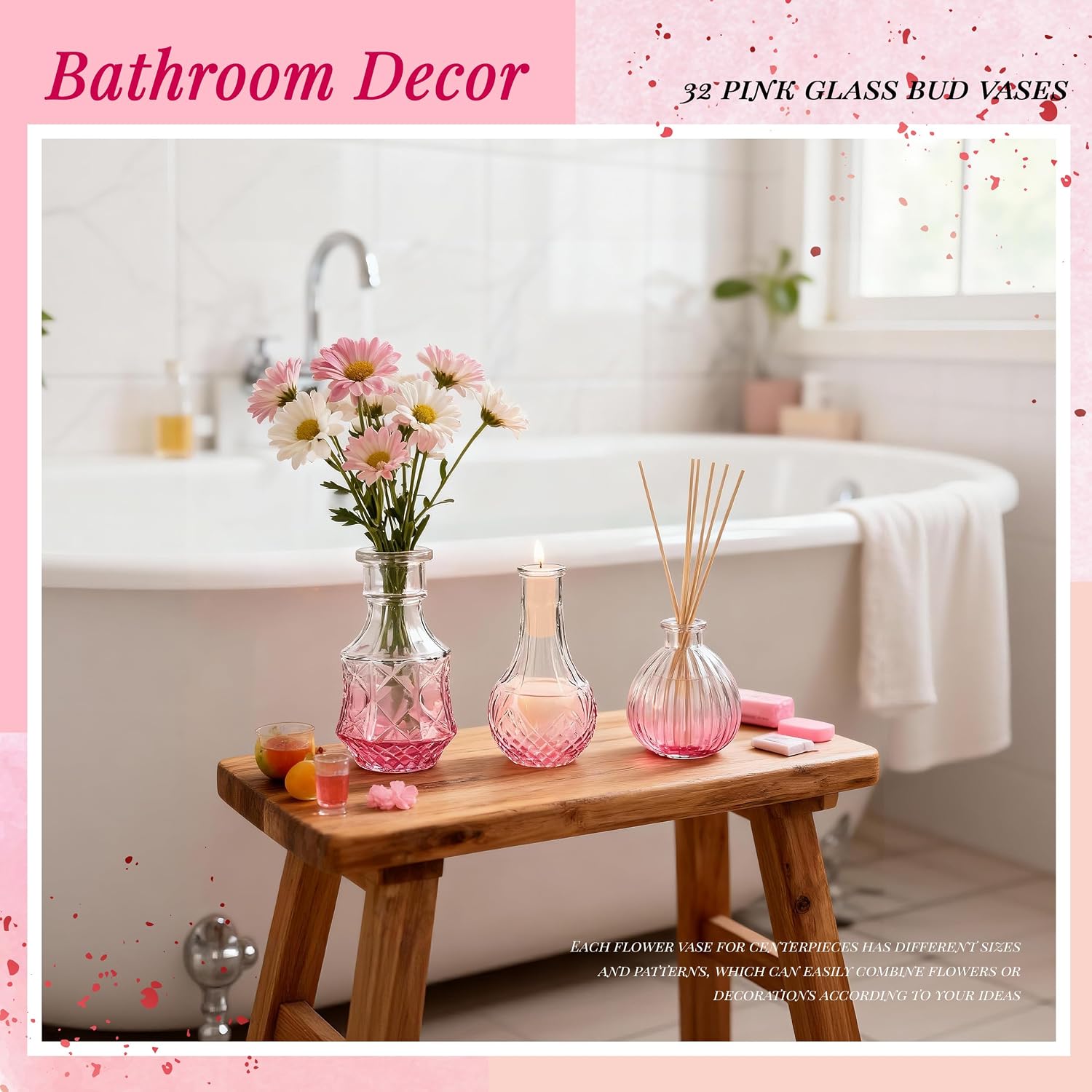 Glass Bud Vases Small Flower Vases for Rustic Wedding Centerpieces Table / Pink / Set of 32