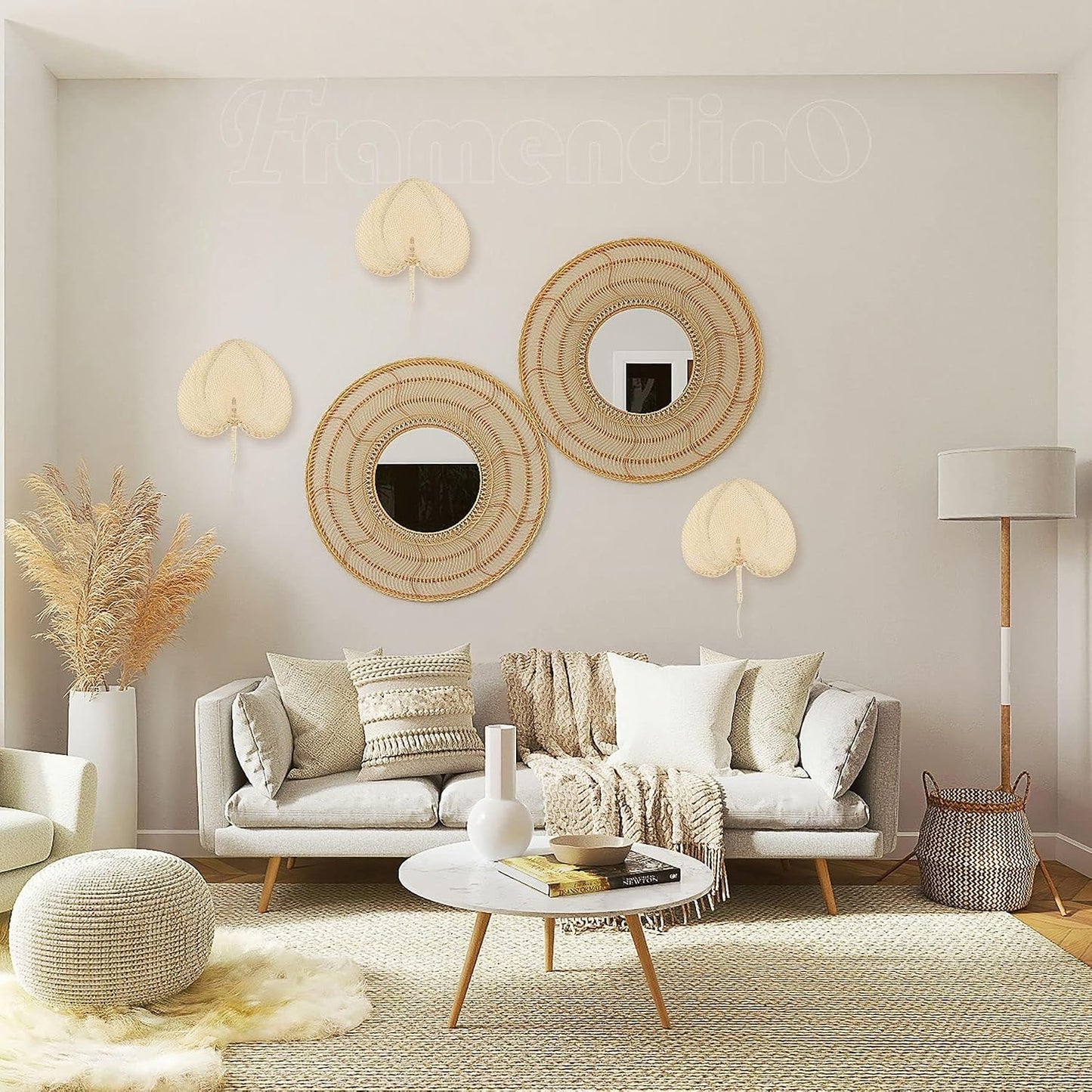 Handmade Bamboo Raffia Fans Hand Rattan Fan Woven Plam Leaf / Natural / Set of 2