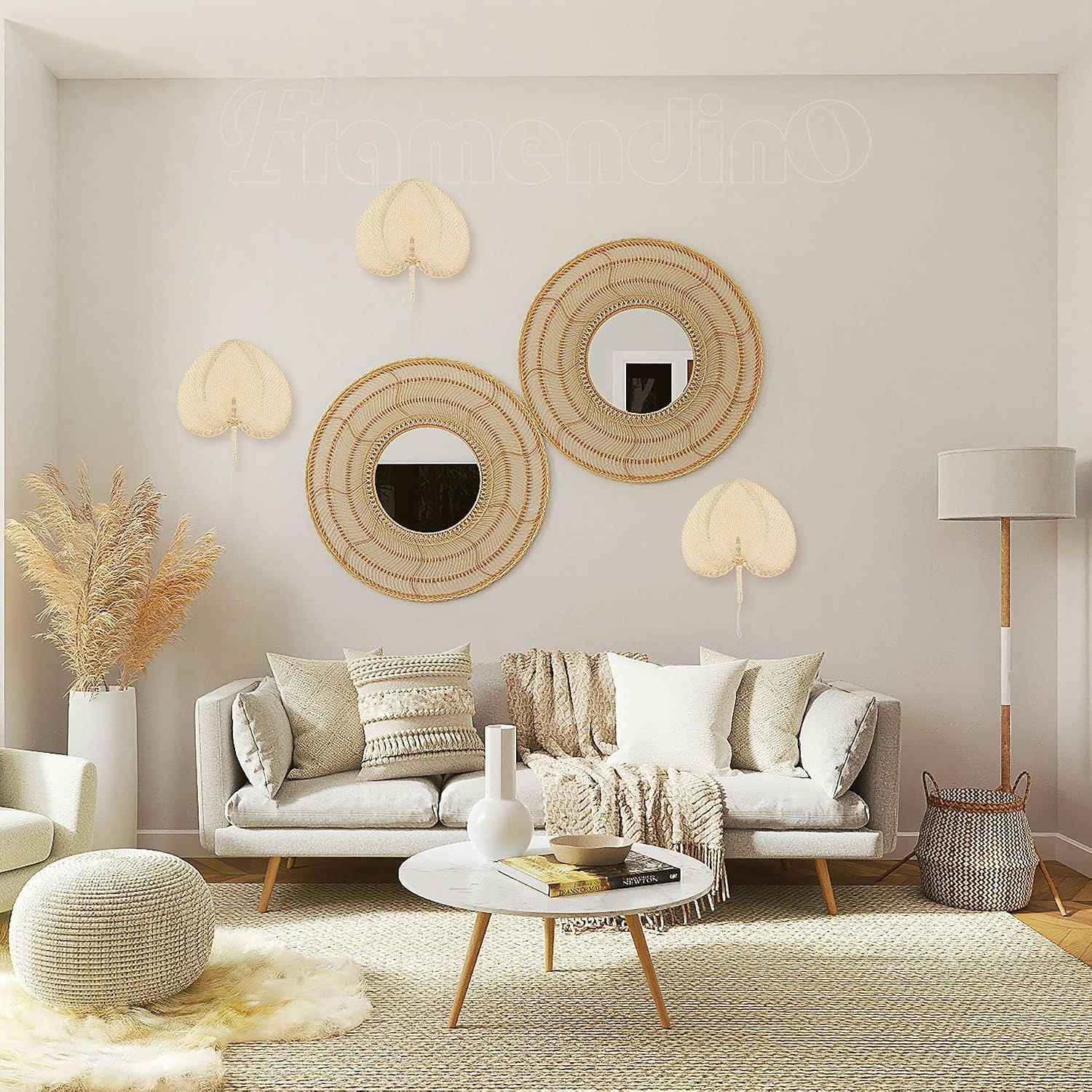 Handmade Bamboo Raffia Fans Hand Rattan Fan Woven Plam Leaf / Natural / Set of 2