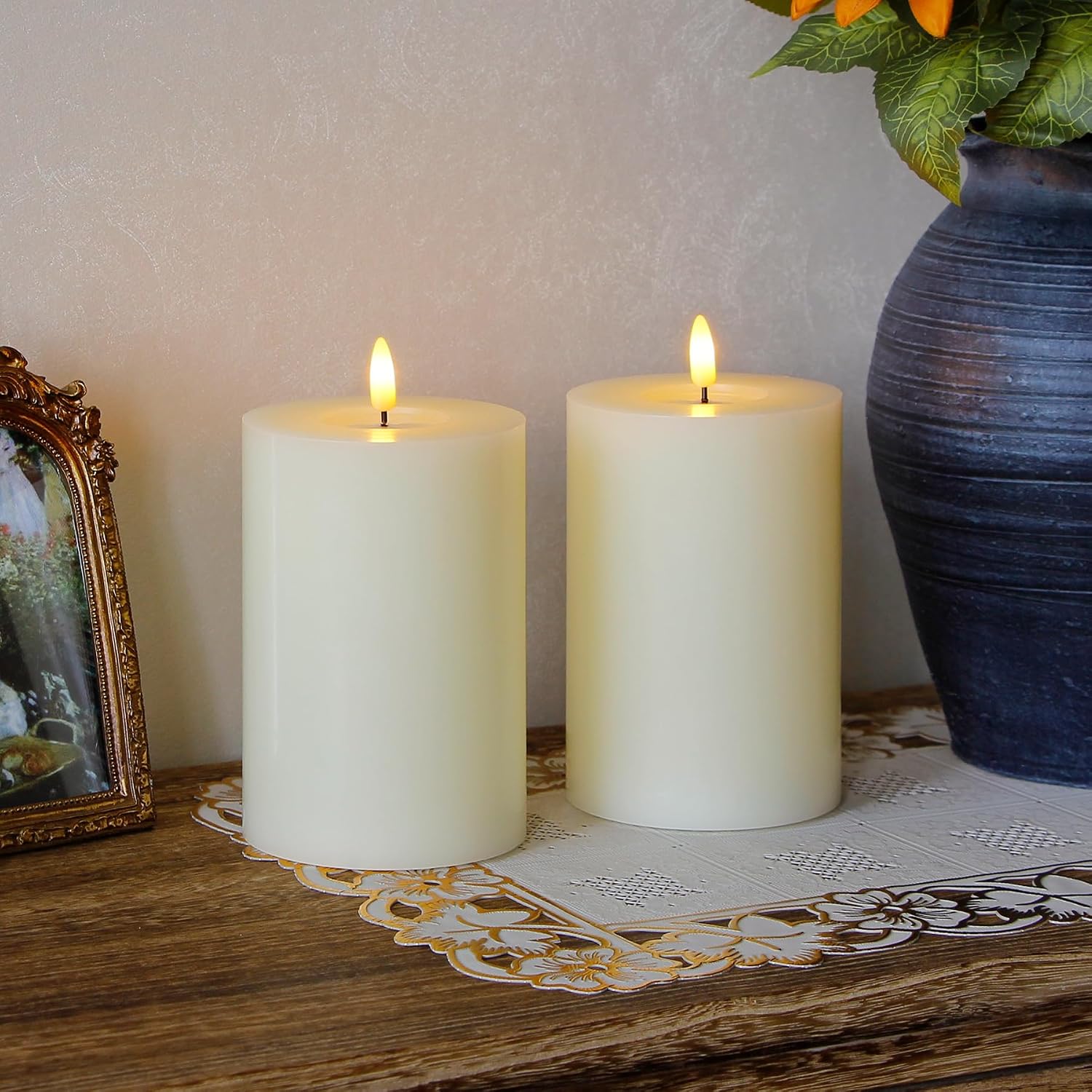 Flameless Flickering D: 4" H: 6" Real Wax Ivory Remote Candles with Candle Grease, Pack of 2 Timer LED Battery Operated