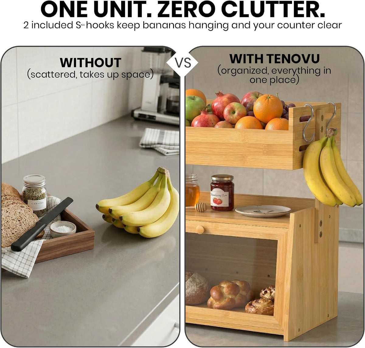 Bamboo Bread Box with Fruit Basket, 2-in-1 Kitchen Countertop Organizer | Vertical storage with acrylic window door, 8