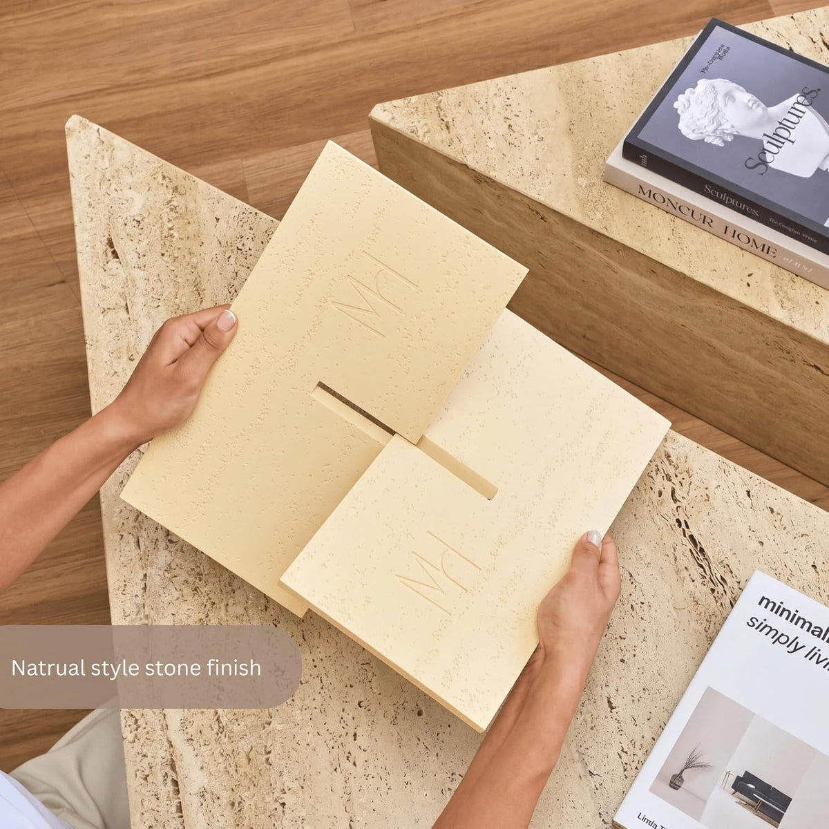 Book Stand Resin Stone Finish Book Holder for Recipe Book Display Stand, Coffee Table Books, 2 Pieces Slot Together