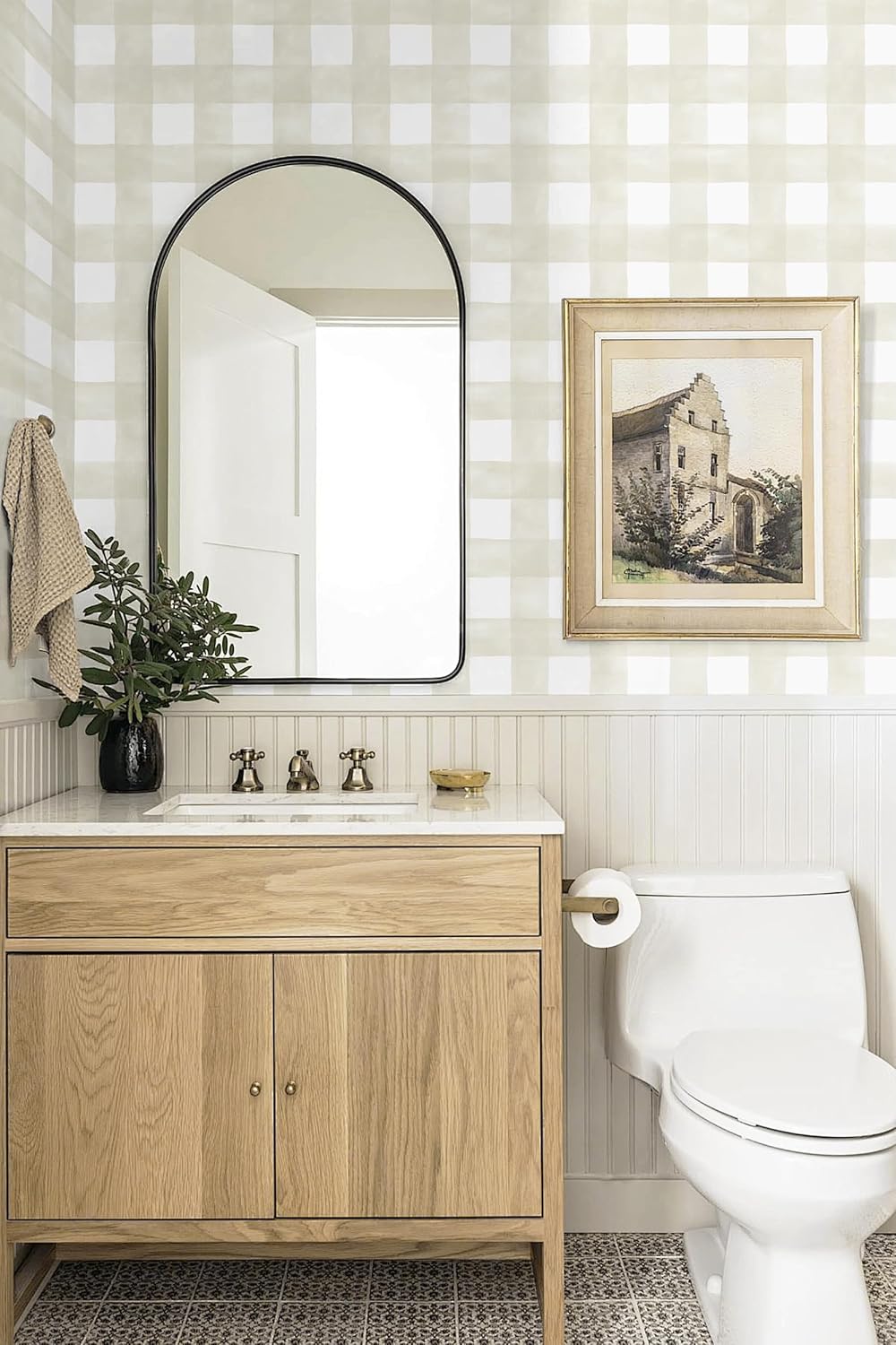 Peel and Stick Wallpaper Boho Modern Wall Paper Checkered Peel / 17.3 x 196.8 / Beige and White