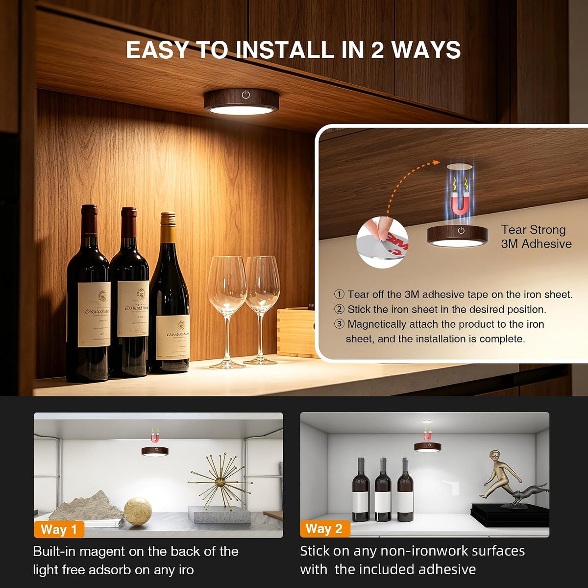 Puck Lights with Remote Control Rechargeable, Full-Screen Wireless LED Under Cabinet Lighting with Light Guide Plate,3