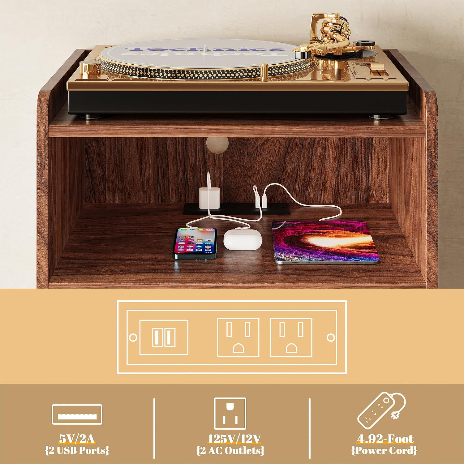 Record Player Stand, Turntable Stand with Record Storage and Charging Station & USB Ports, Record Player Table with