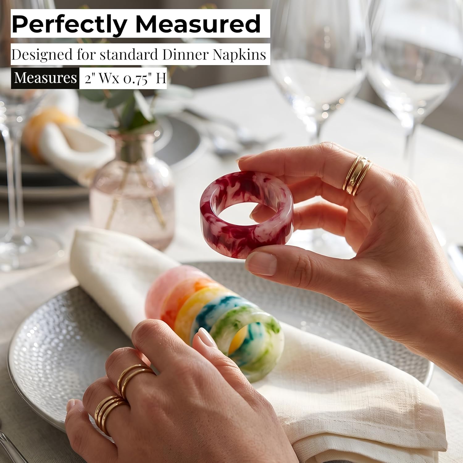 Epoxy Resin Napkin Rings, 12-Pack, Pastel, 6 Colors | Glossy finish, chip-resistant, 2x2x0.75 in each, fits standard