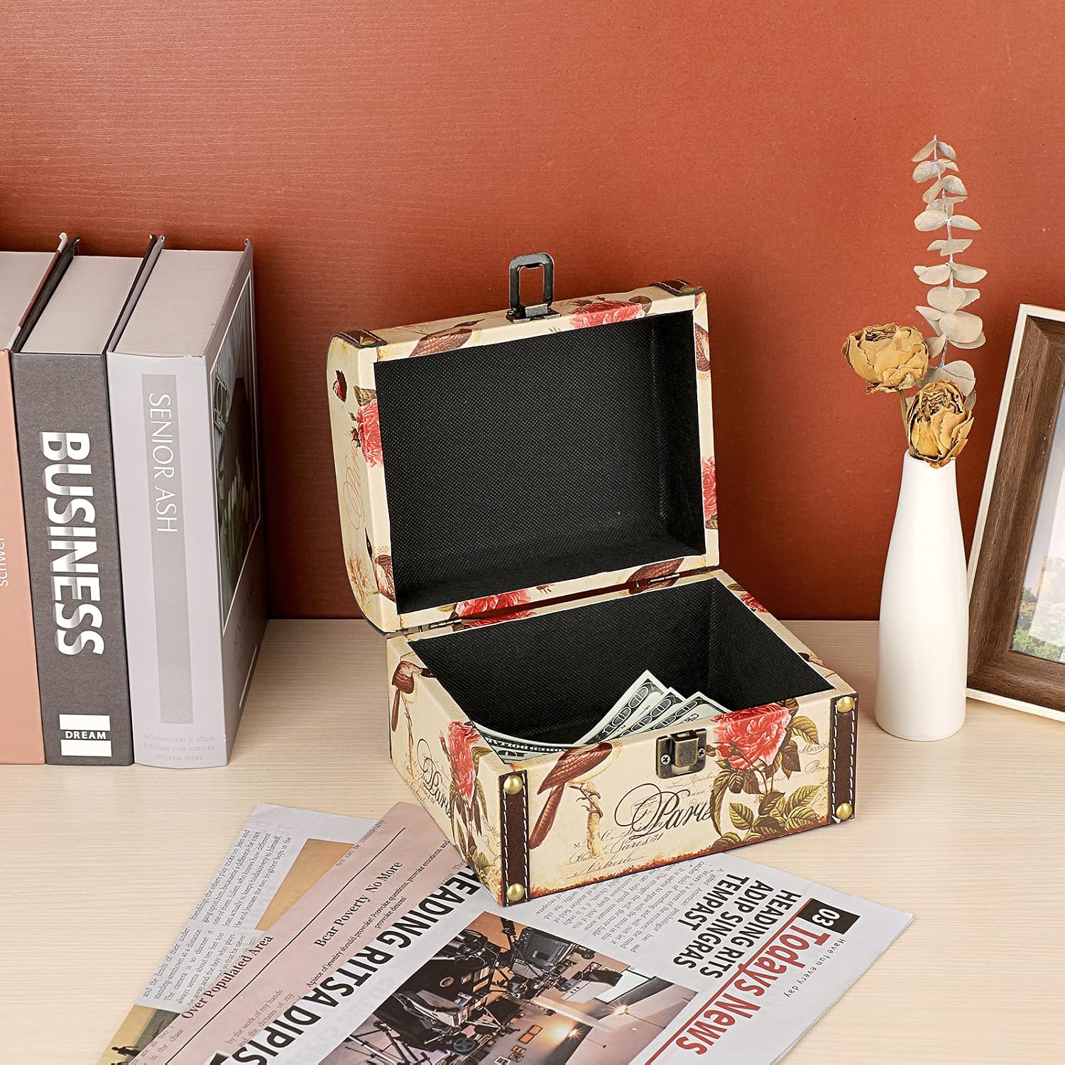 Wooden + PU Leather Storage Box for Jewelry Trinkets / Bird + Flower Pattern