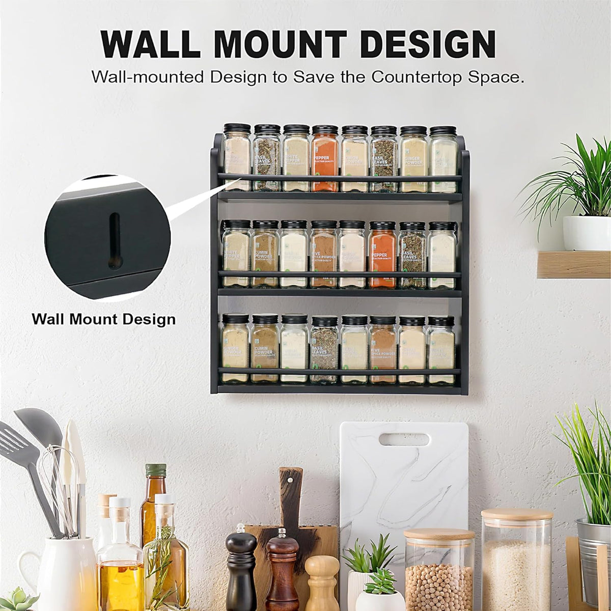 3-Tier Bamboo Spice Rack, Wall Mount & Countertop Spice Organizer | Seasoning Jars Rack Shelf Spice Organizer for