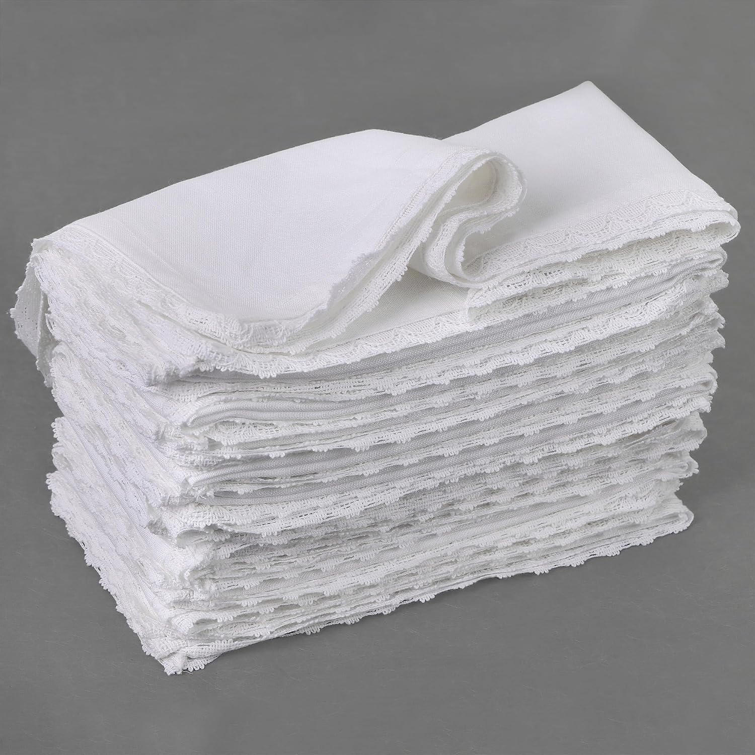 NATURALCRAFT Cloth Napkins Set of 12 Cotton Linen 18x18 inch White Lace | Washable Fabric Soft Durable Breathable for