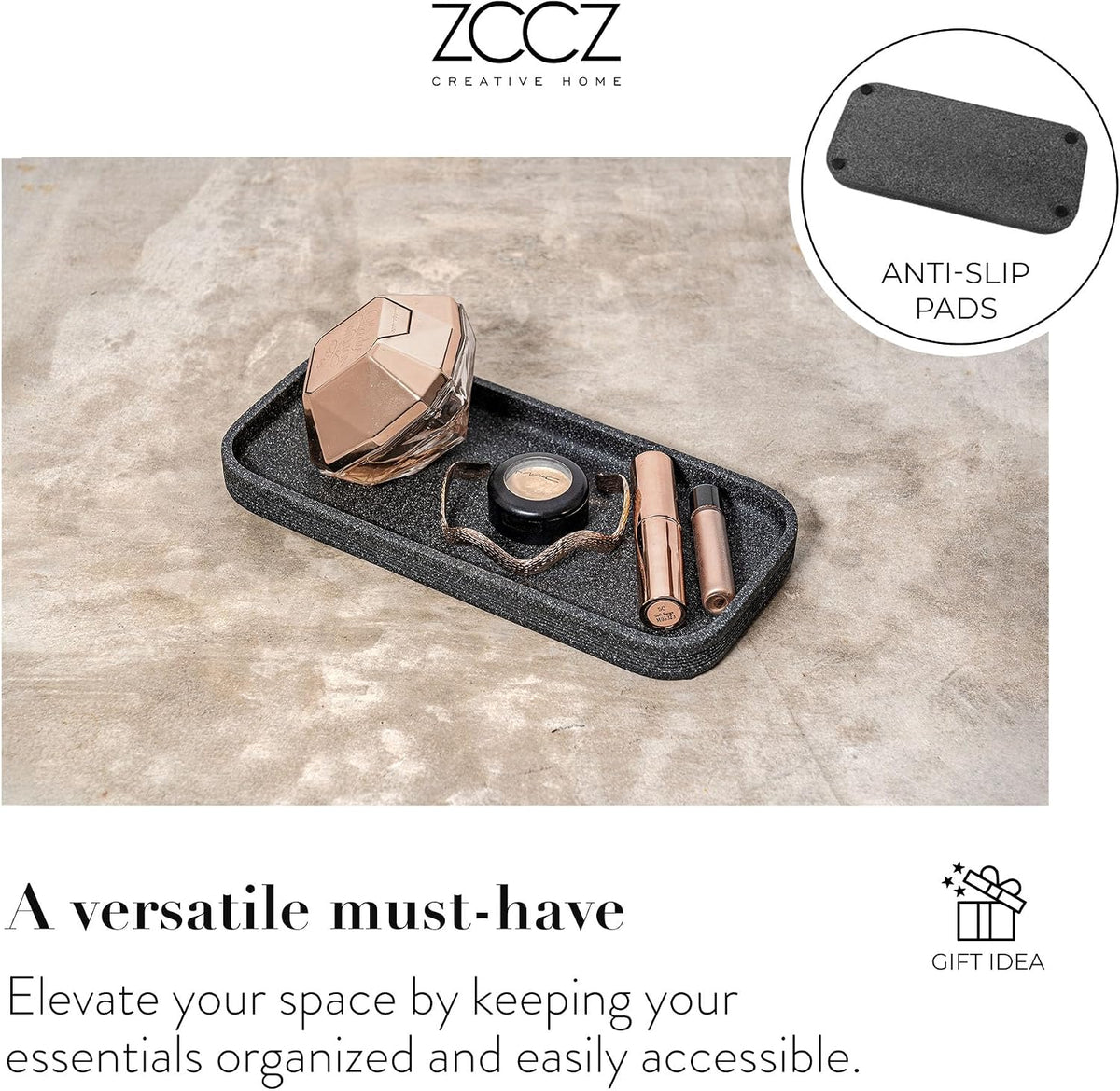 Black Stone Bathroom Accessories Set 6 Pieces - Toothbrush Holder, Lotion Dispenser, Qtip Container, Vanity Tray
