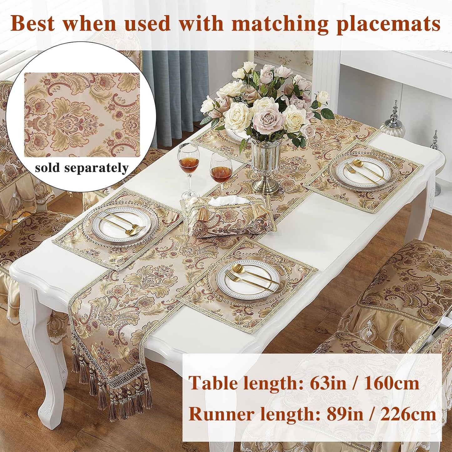 kilofly Elegant Floral Brocade Jacquard Table Runner Tassels (96 x 12 inches)