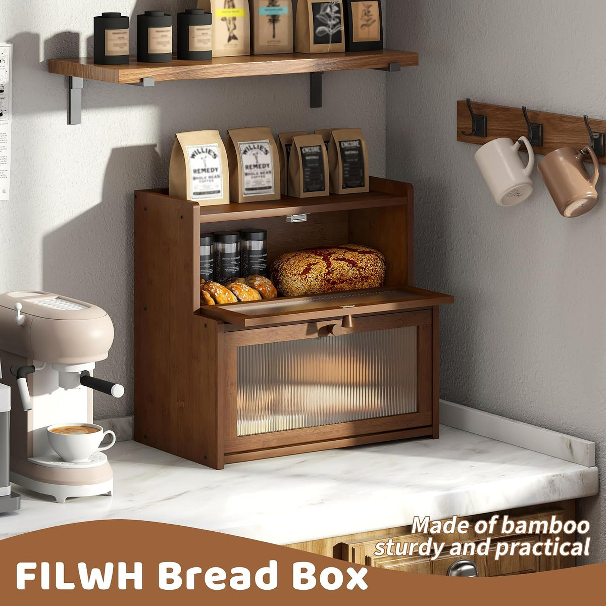 Bread Box for Kitchen Countertop Double Layer Large Corner Bread Box Capacity Bread Storage Bin Farmhouse Breadbox