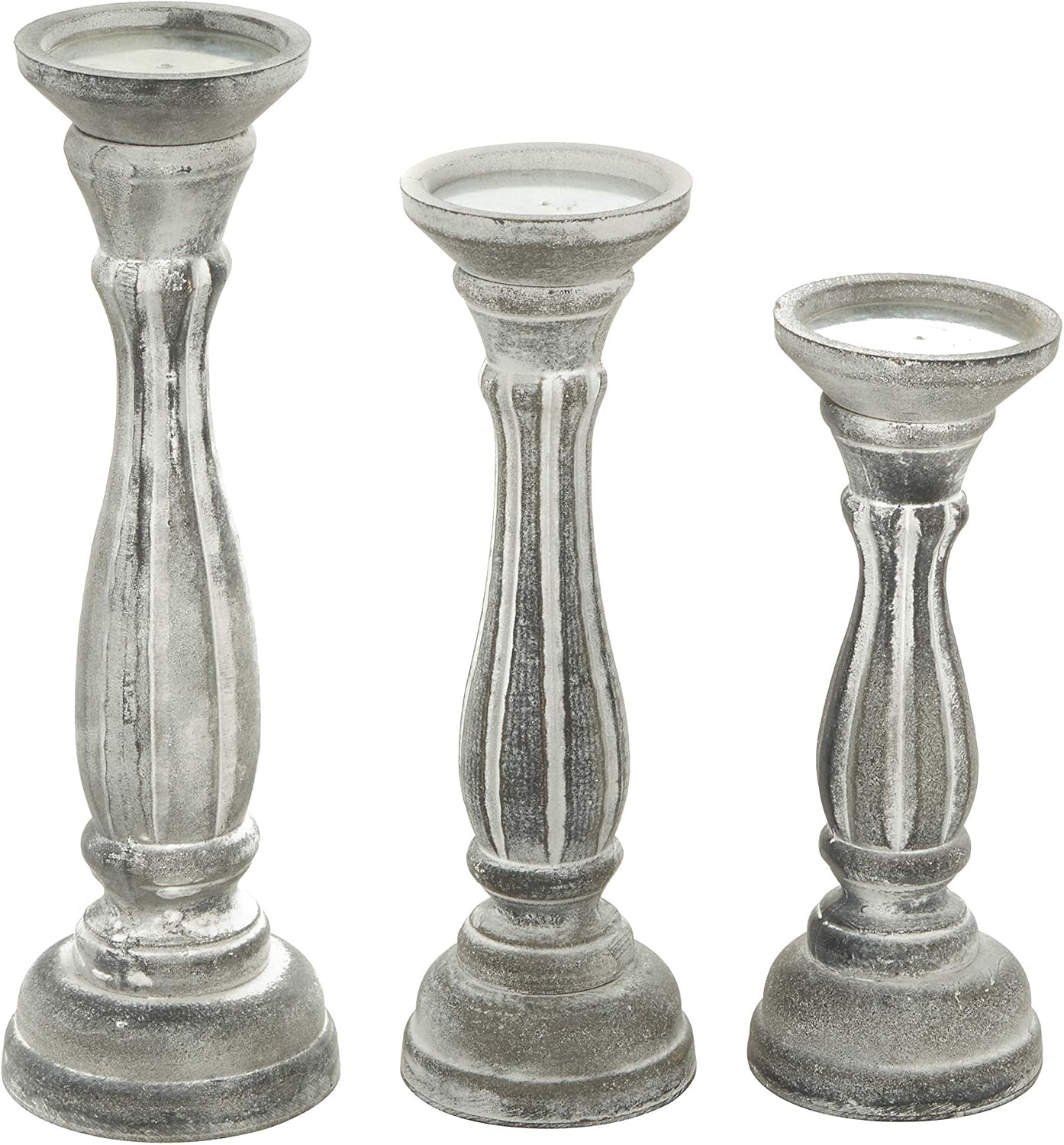 Deco 79 Wooden Decorative Candle Holder Distressed Turned Candle Stand, Set of 3 Candlestick Holder 15", 13", 11"H, Gray
