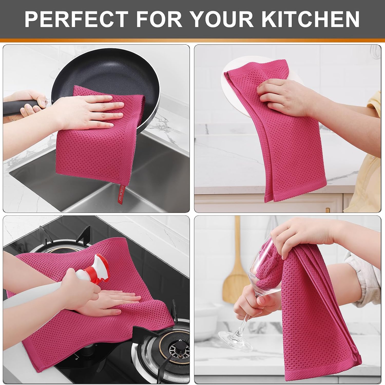 Kitinjoy 100% Cotton Waffle 12-Pack Kitchen Towels, 13" x 28", Hot Pink | Super Soft, Ultra-Absorbent, Fast Drying