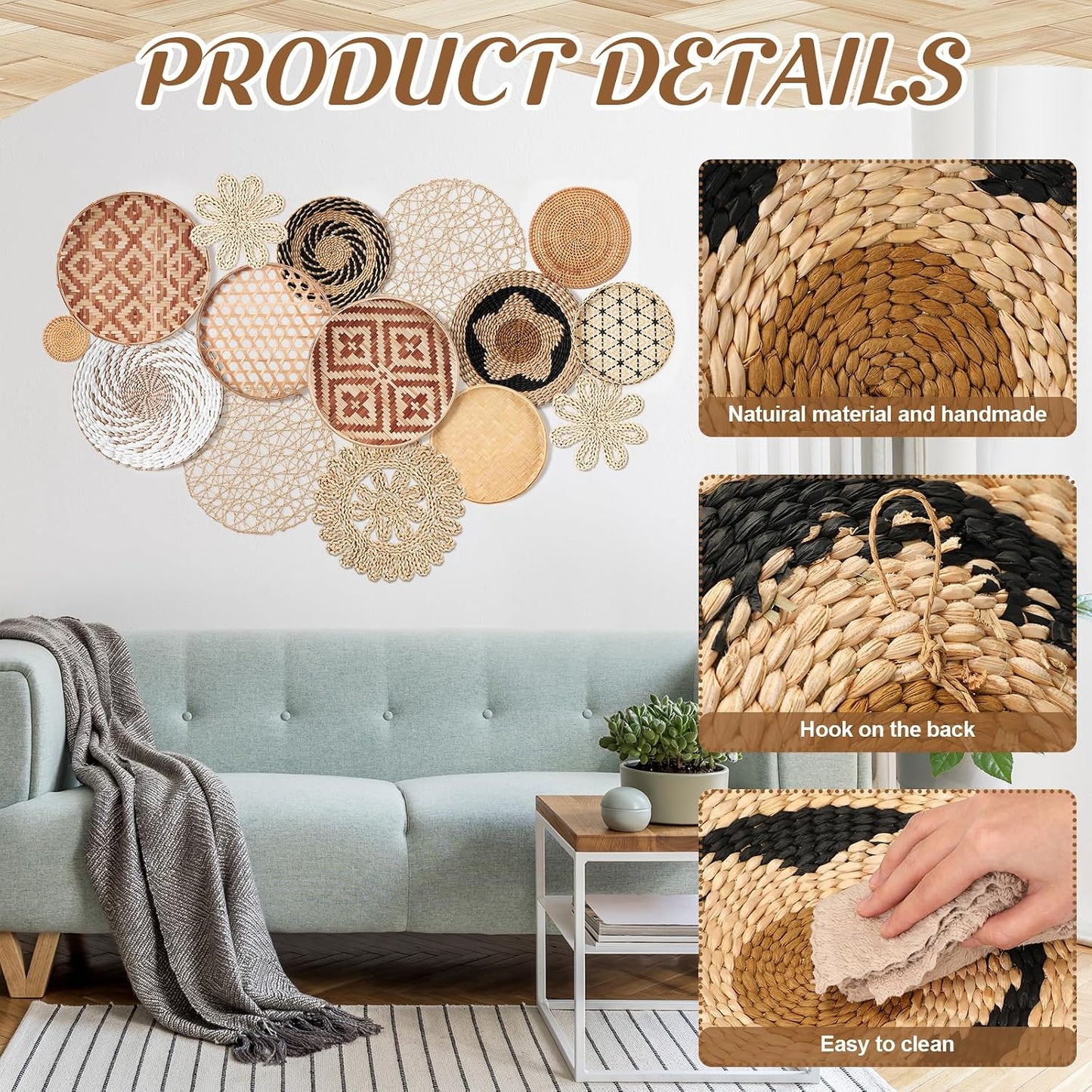 Wall Basket Decor Boho Wicker Handmade Farmhouse Rustic Wall Decoration Woven Hanging / Set of 15