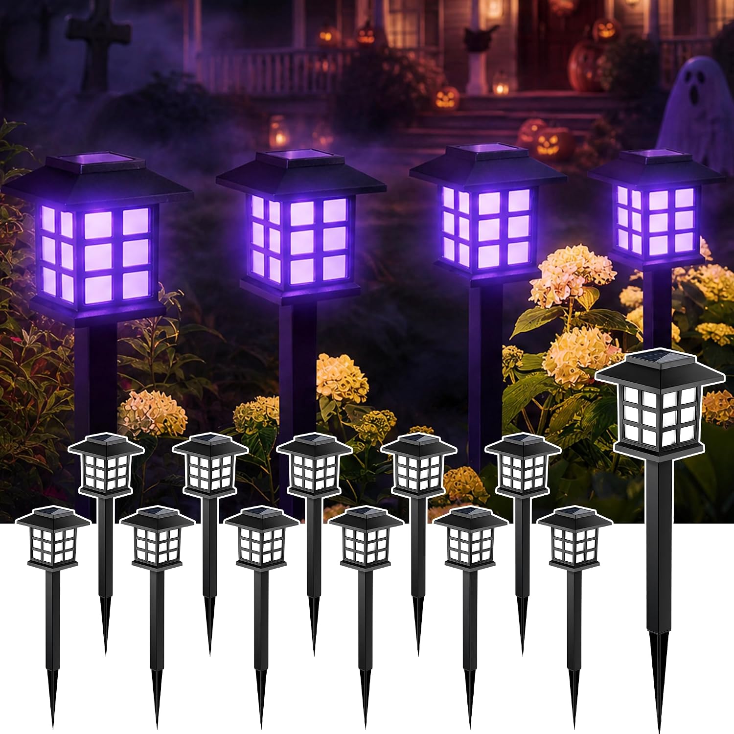 GIGALUMI Halloween Solar Lights Outdoor,12ps Purple Halloween Decorations.