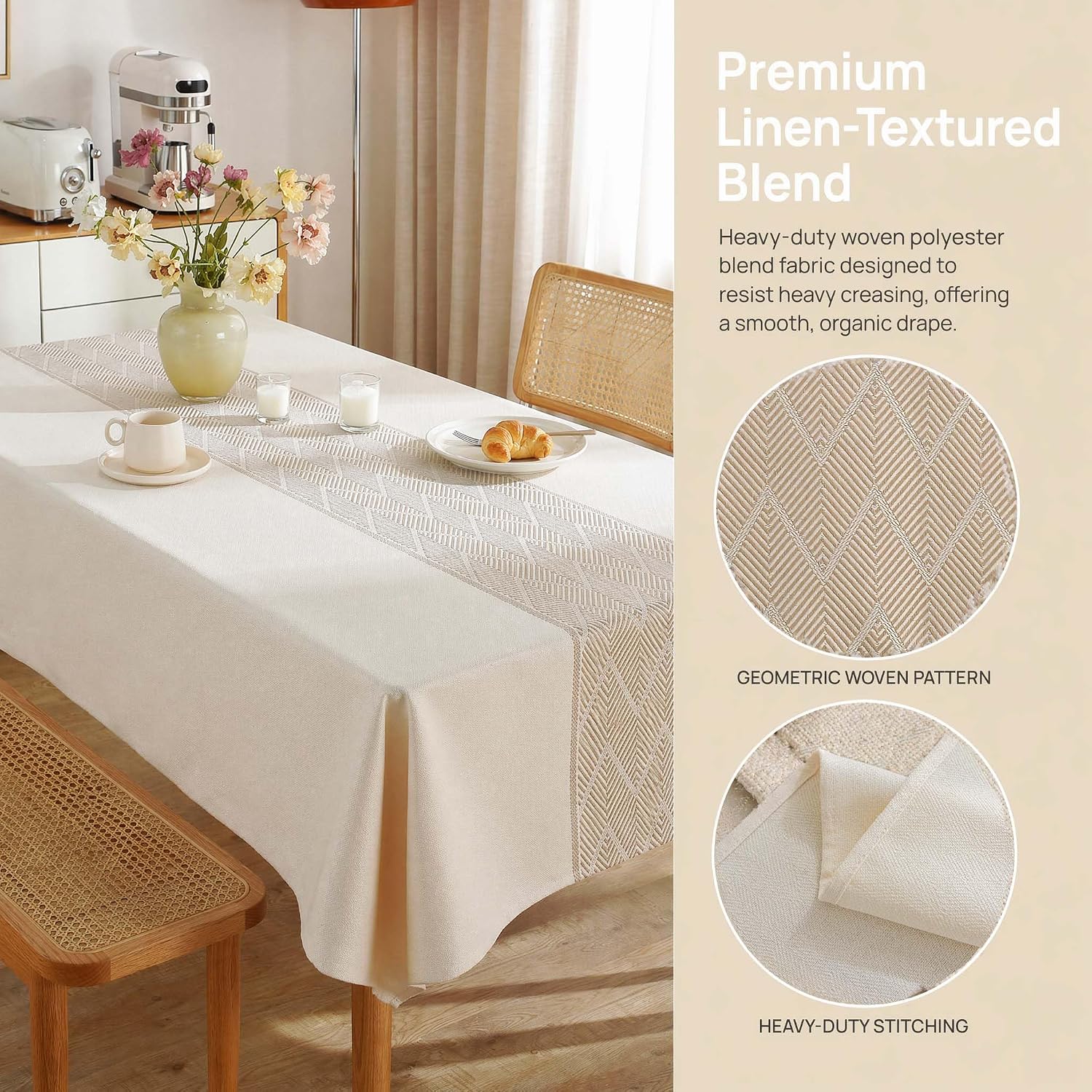Square Linen Tablecloth Waterproof Spillproof Cloth, 55x55 Inch | Stain Resistant Woven Geometric Runner Design