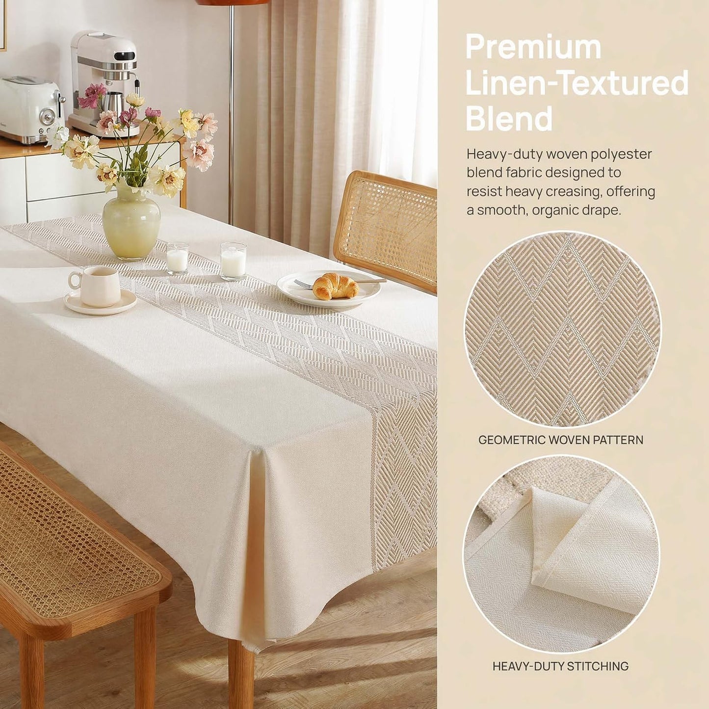 Rectangle Linen Tablecloth Waterproof Spillproof Cloth, 55x120 Inch | Stain Resistant Woven Geometric Runner Design