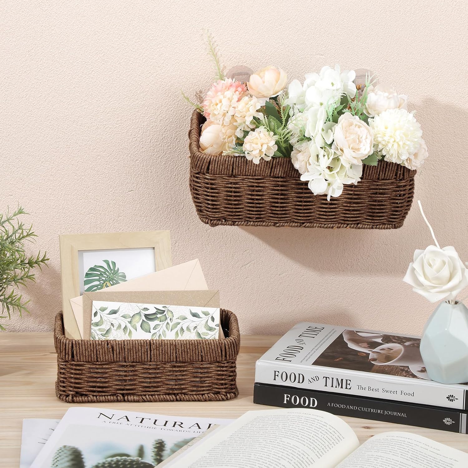 Woven Hanging Wall Baskets for Storage Style / Boho / Brown / Imitation Rattan Plastic / Set of 2