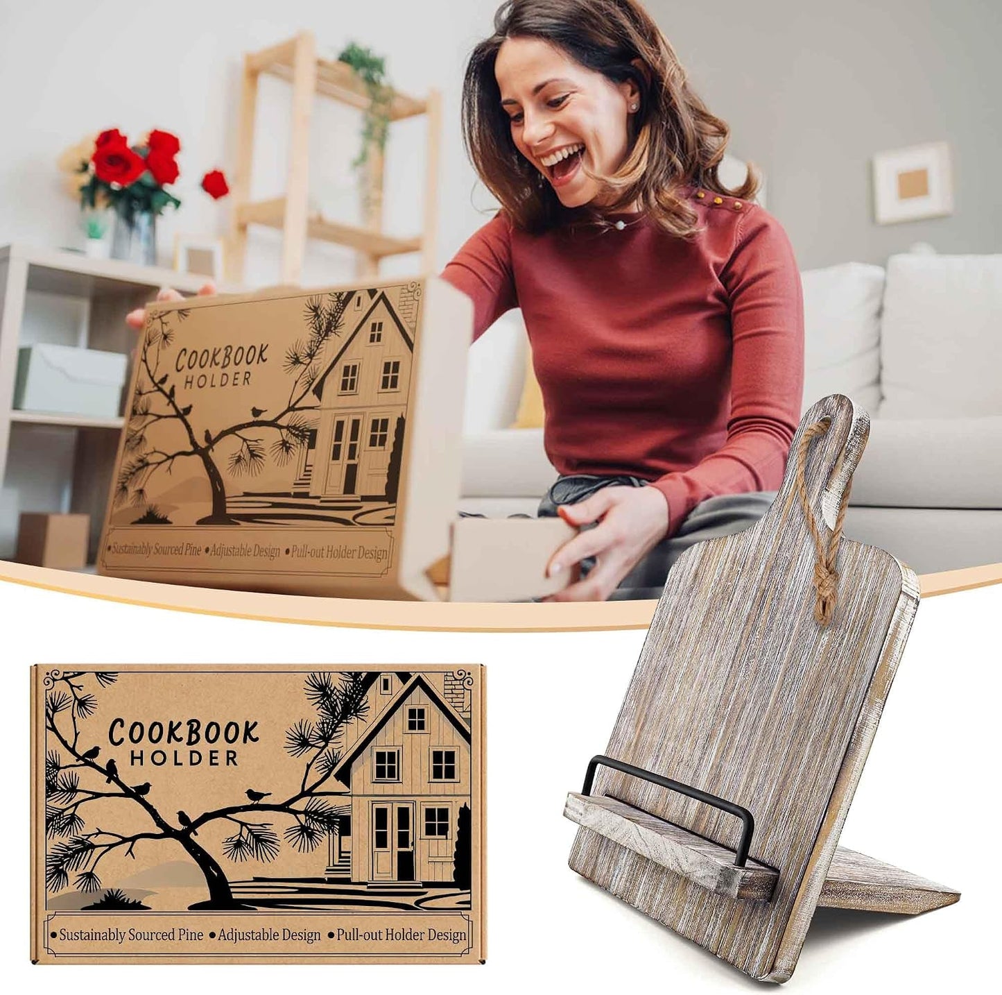 Grey Cookbook Stand for Kitchen Counter: Wooden Recipe Book Holder | Solid Wood with Measurement Chart, Holds 2" Thick