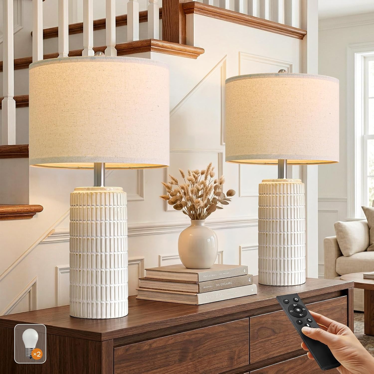 PoKat 23’’ Dimmable Table Lamps Set of 2 with Remote for Living Room, White