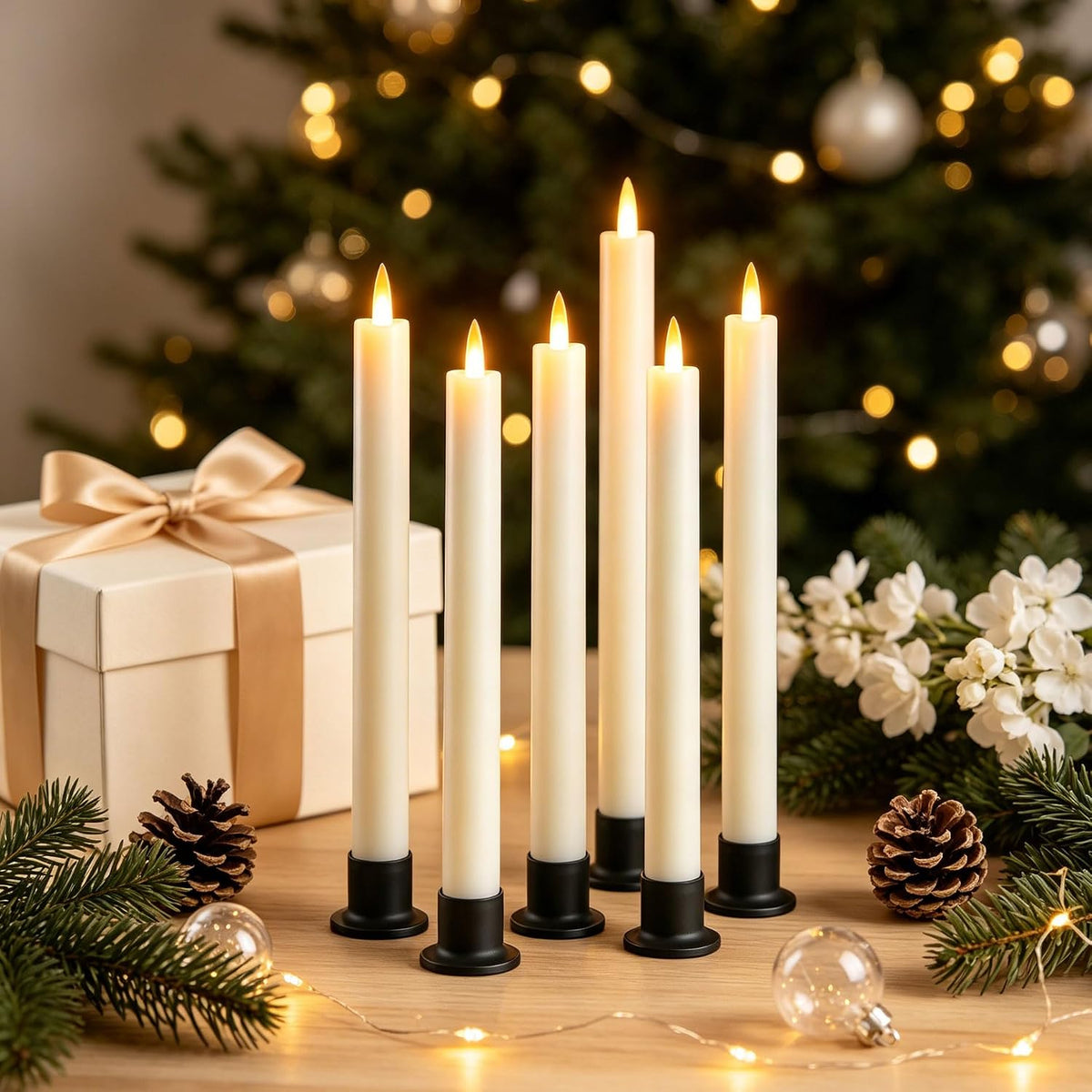 Da by 6 Flameless Window Candles with Remote Controller & Timer, LED Cone Stick Candle, Free 6 Black Bases, 9.6 Inch