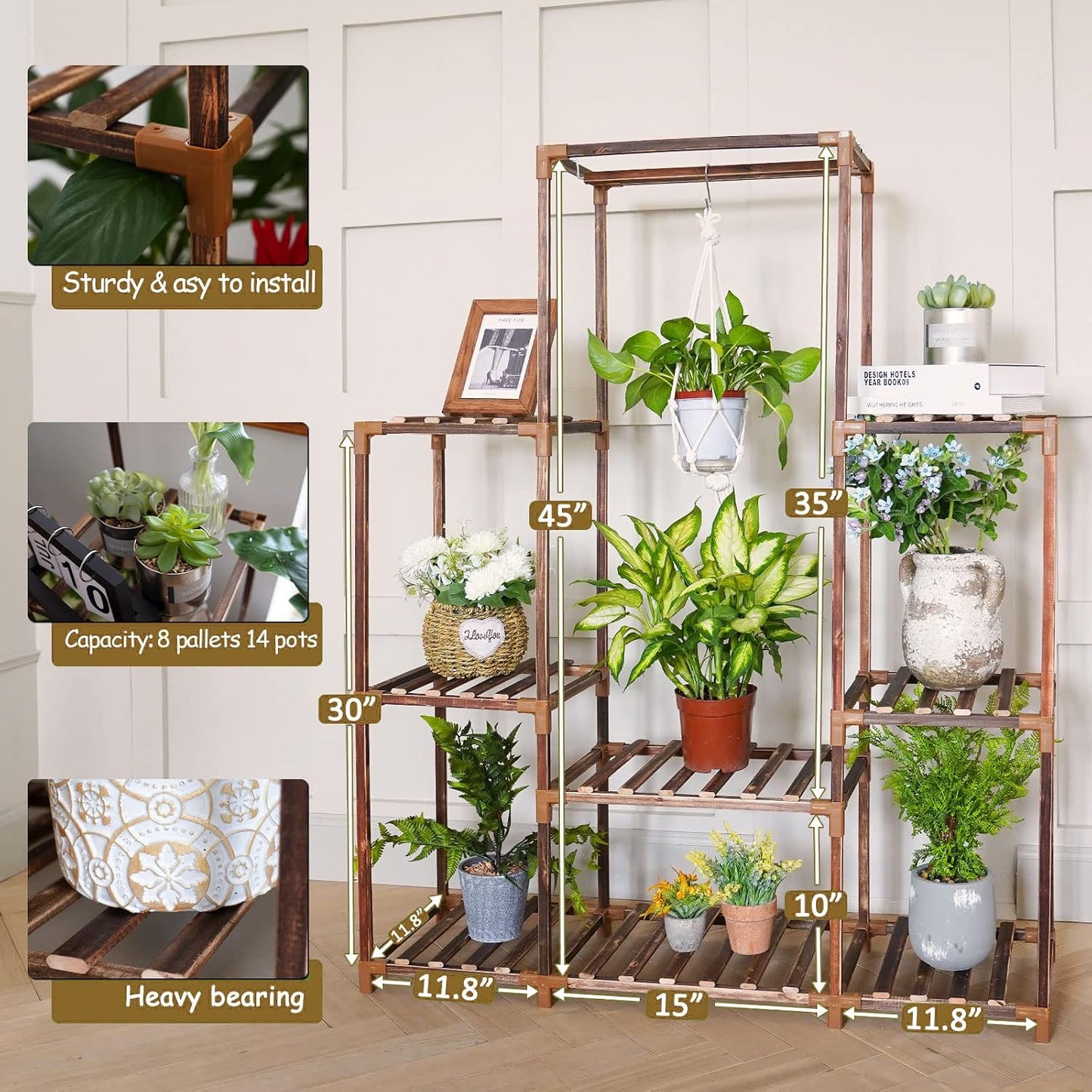 Plant Stand Indoor Outdoor, 8 Tiered Plant Shelf Wood Plant Rack | Tall Plant Holder for Multiple Plants, Large Ladder