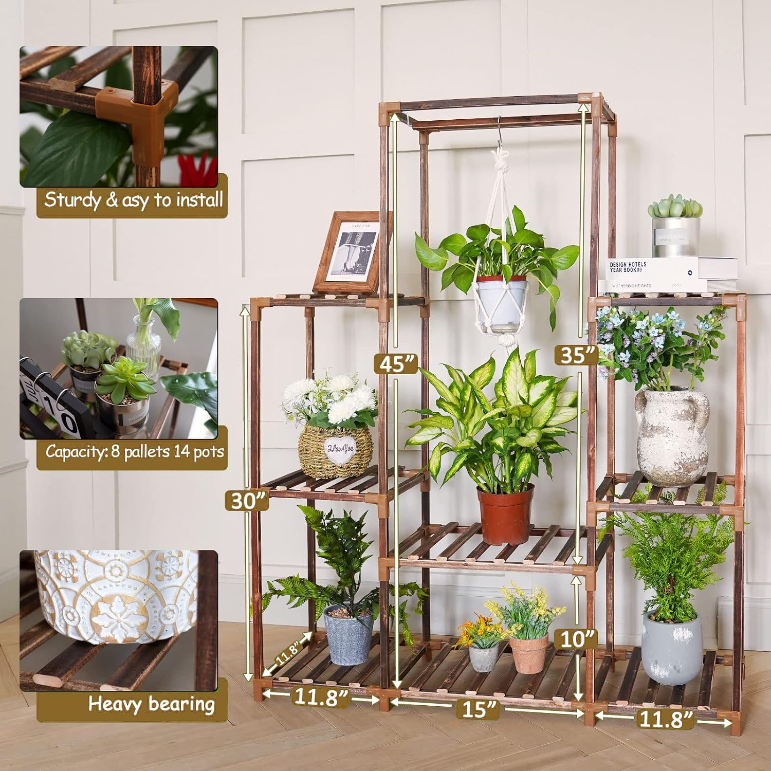 Plant Stand Indoor Outdoor, 8 Tiered Plant Shelf Wood Plant Rack | Tall Plant Holder for Multiple Plants, Large Ladder