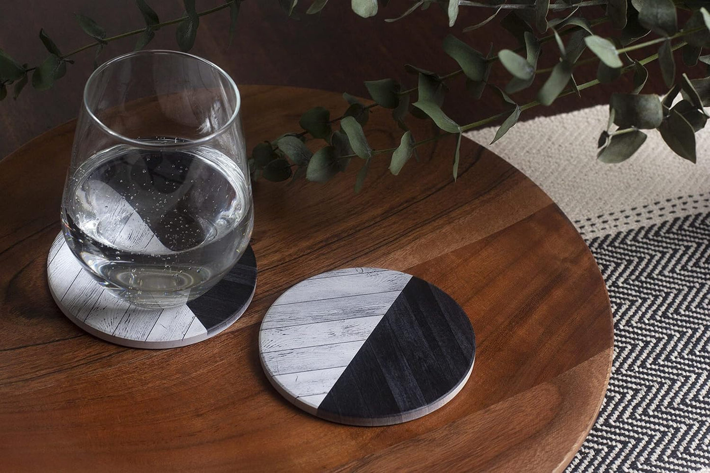 Ceramic Coasters for Drinks / Black & White Parquet Wood / Set of 6