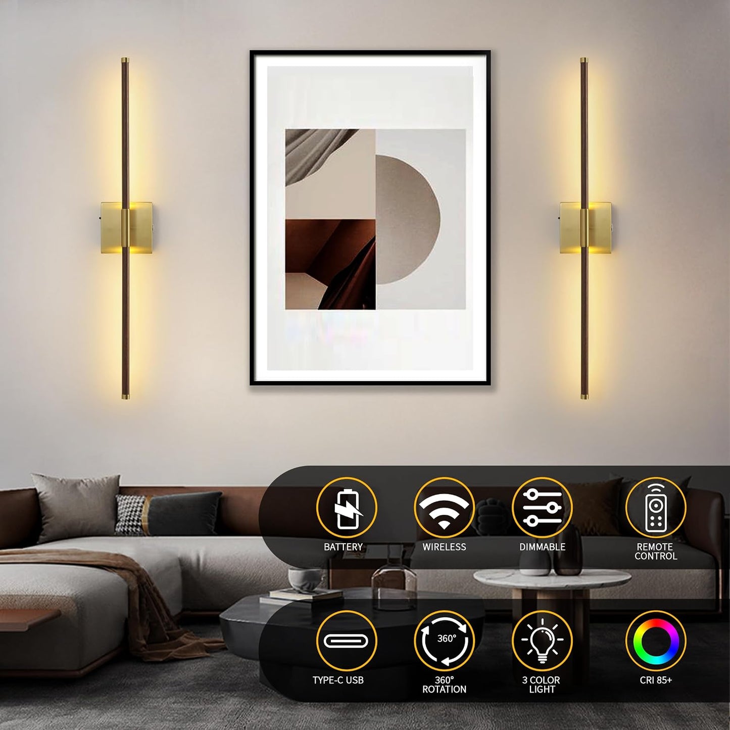 15800 mAh Battery Operated Wall Sconces with Remote Control Dimmable Battery Powered Cordless Rechargeable Wall Sconces