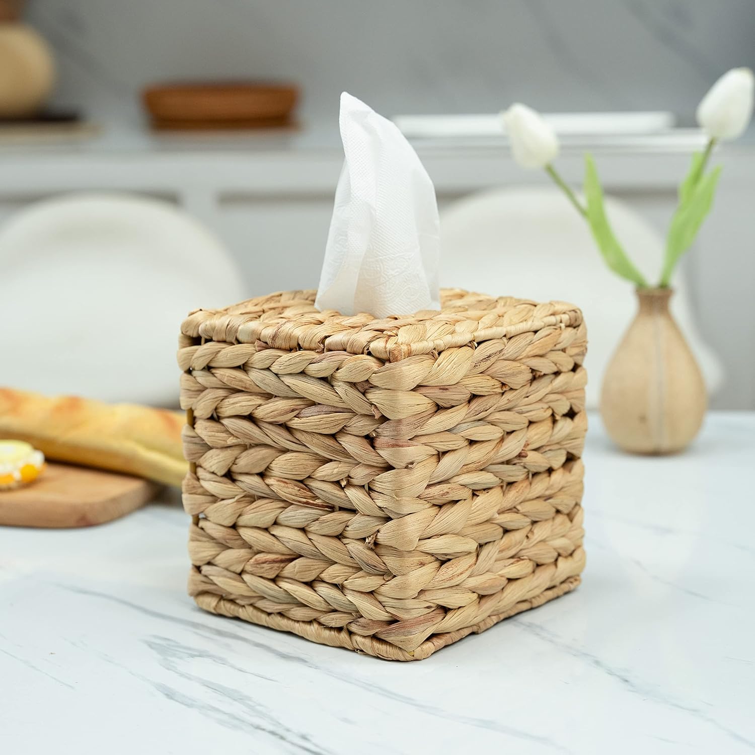 Rattan Wicker Tissues Cube Box Cover -Boho Decorative Woven Facial Tissue Holder / Square