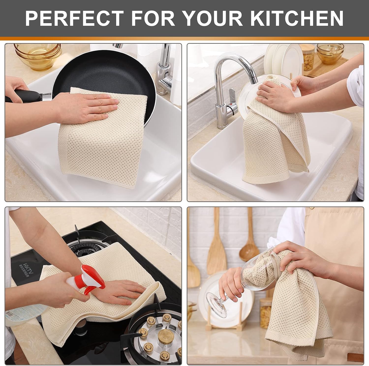 Kitinjoy 100% Cotton Waffle 8-Pack Kitchen Towels, 13" x 28", Beige | Super Soft, Ultra-Absorbent, Fast Drying