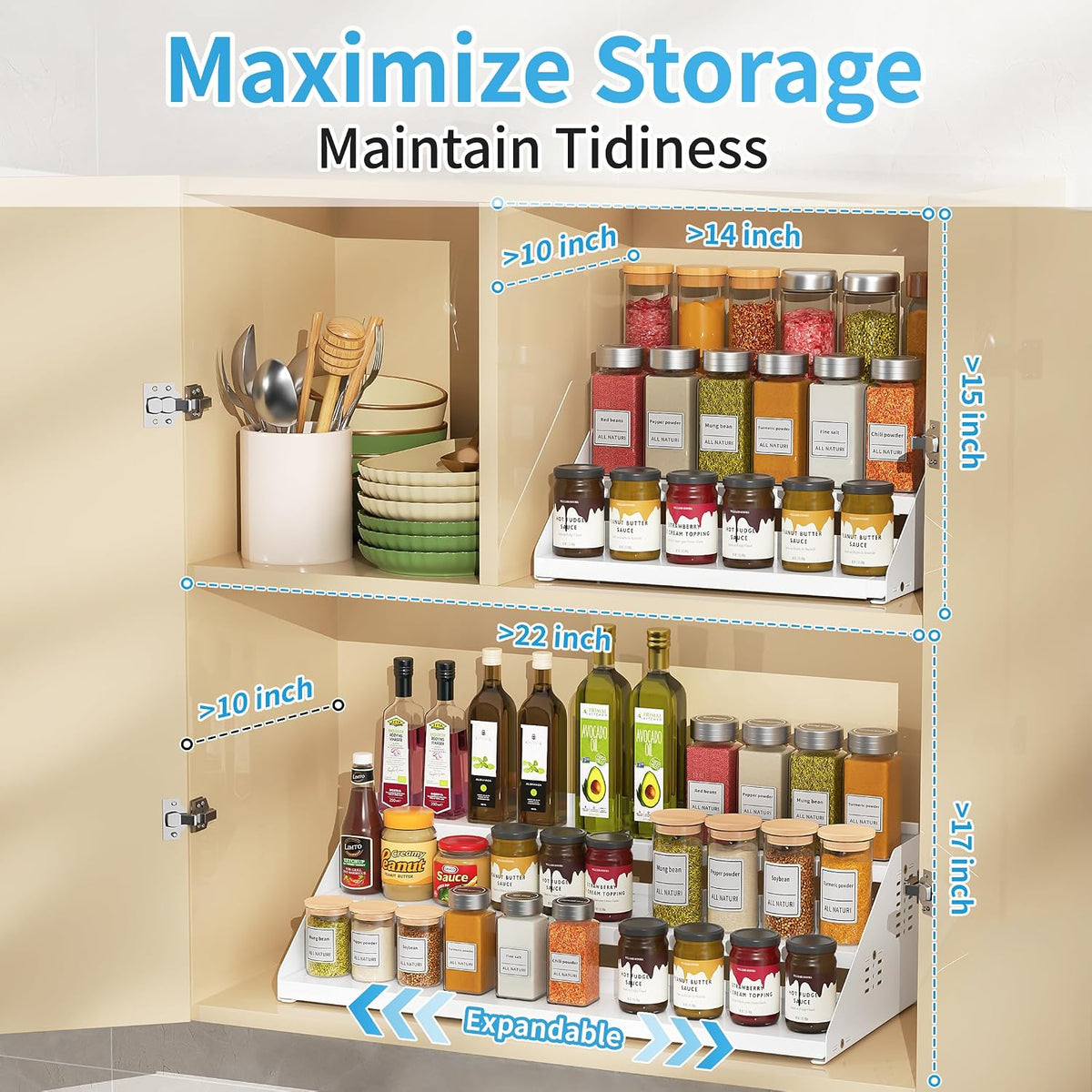 BOIVSHI 3 Tier Expandable Spice Organizer for Cabinet, White | Metal Shelves with Adjustable Height Spice Storage for