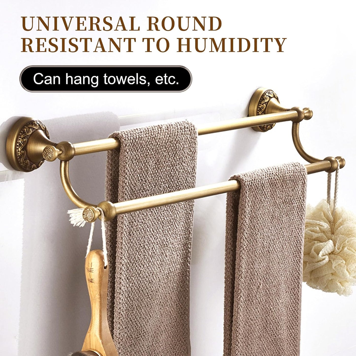 Wall Mounted Bathroom Double Towel Rack, Towel Bar Adjustable 15.5 to 27.5 Inch Antique Brass Pattern Carving,Brushed