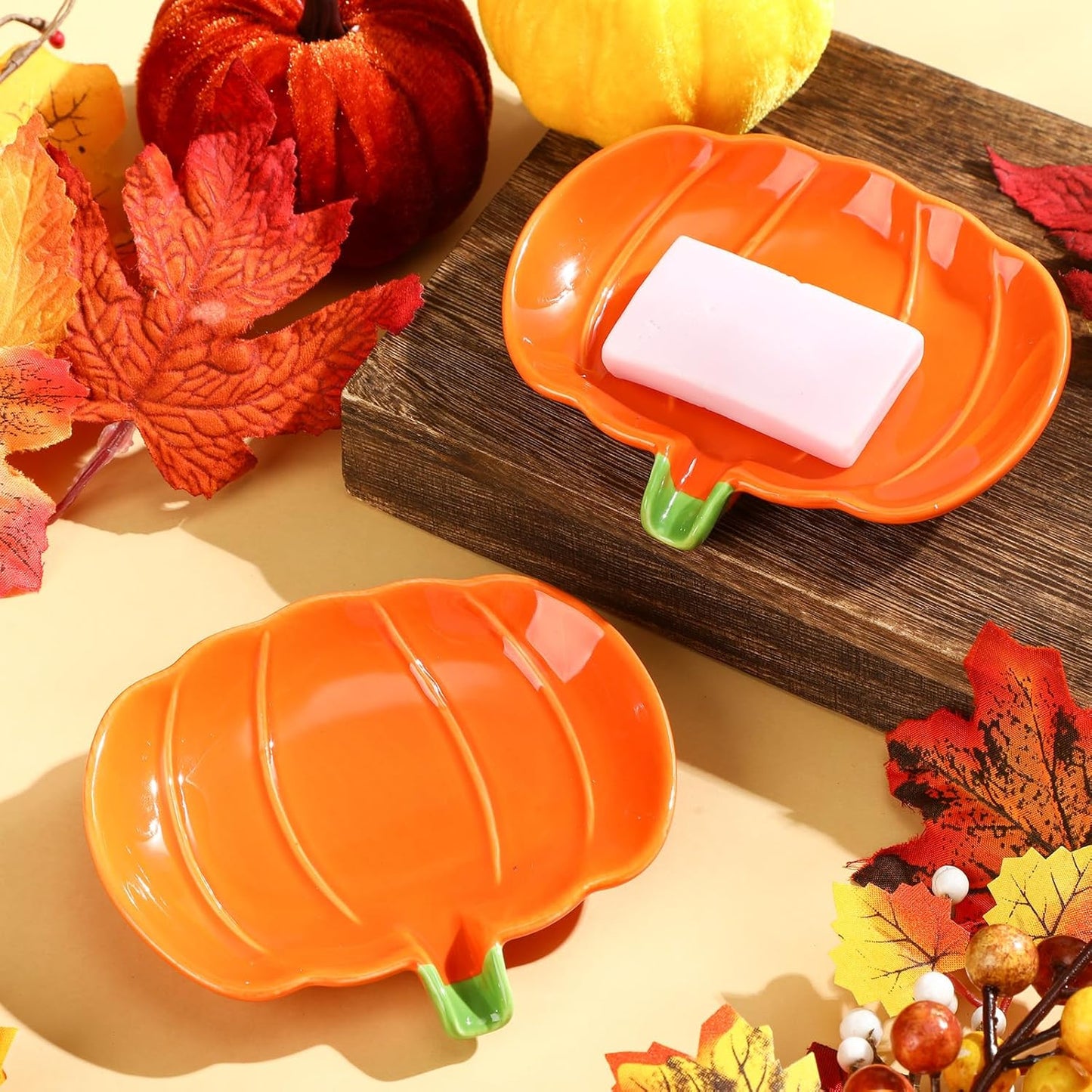 Ceramic Pumpkin Soap Dishes Elegant Shower Soap Dish Holder Fall Spoon Rest Bathroom / Set of 2