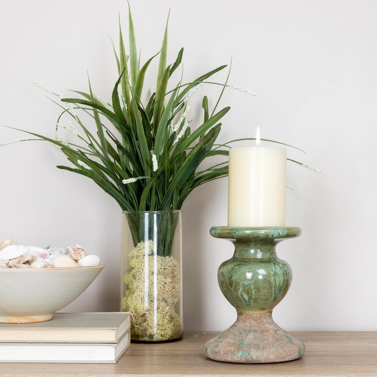 2-Tone Sculptural Terracotta Pillar Candle Holder / 5.5" W x 6.5" H / Green