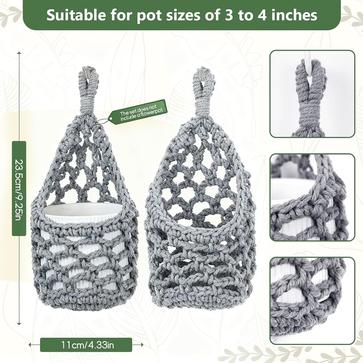 Macrame Wall Plant Hanger / Gray / 4-inch / 4 Inch