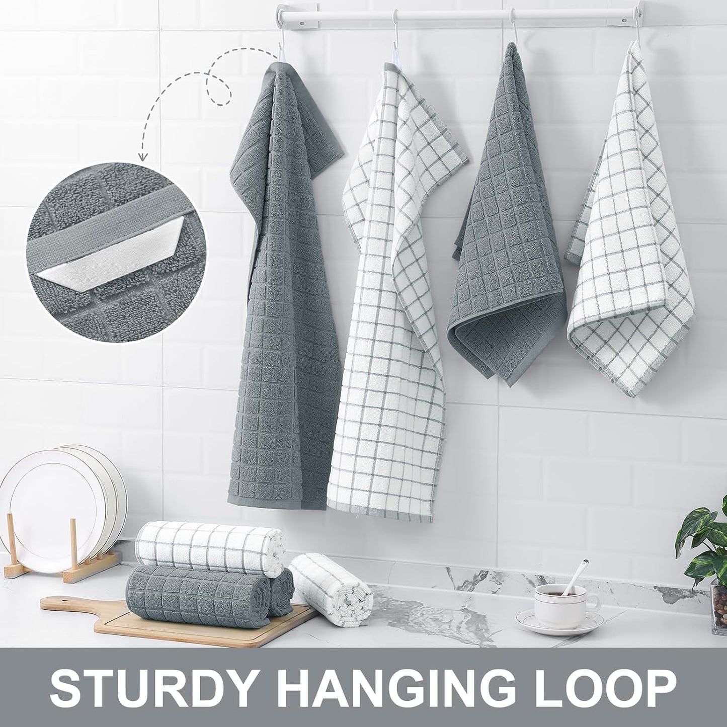 Homaxy Large Premium Cotton Kitchen Towels 16"x 28", 12 Pack, Grey | Natural Ring Spun 390 GSM Dish Towels, Super