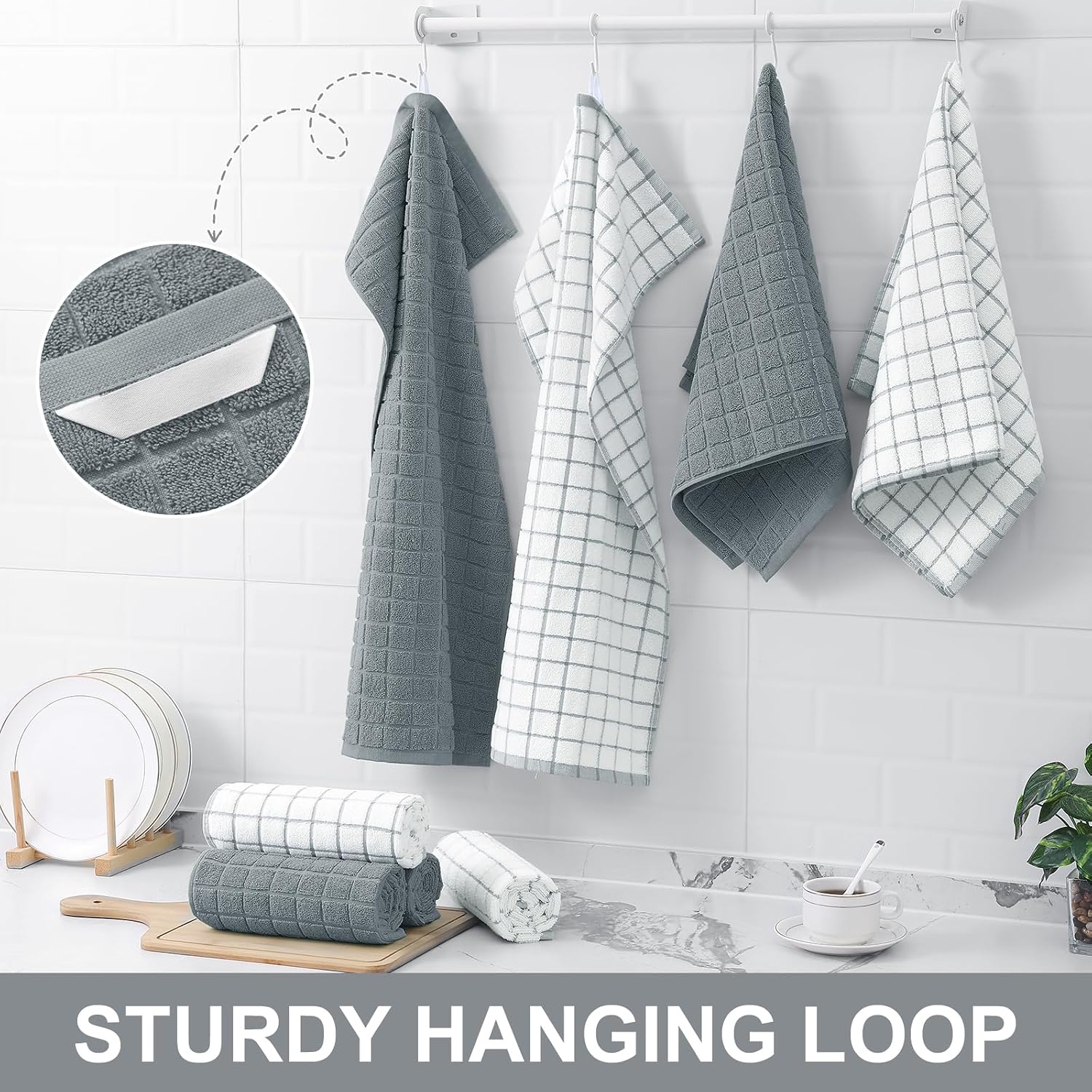 Homaxy Large Premium Cotton Kitchen Towels 16"x 28", 12 Pack, Grey | Natural Ring Spun 390 GSM Dish Towels, Super