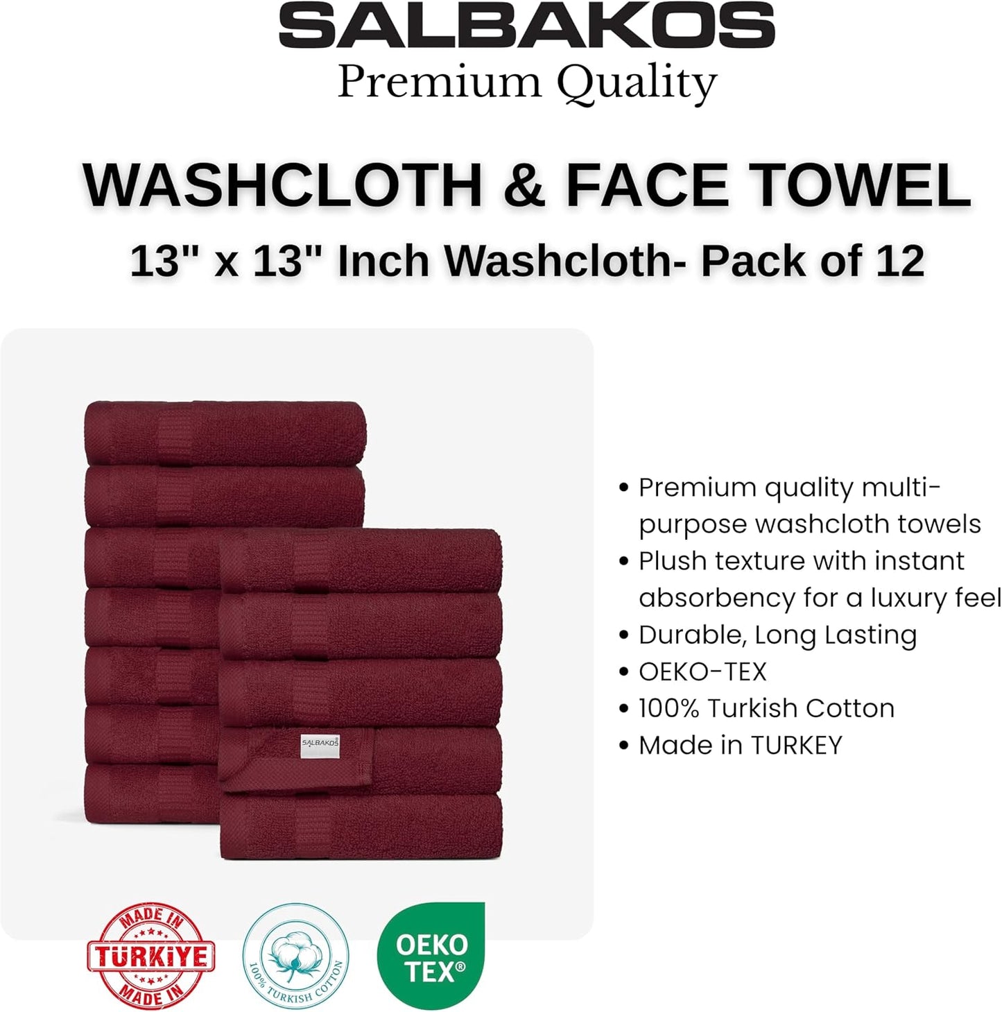 SALBAKOS 12-Piece 100% Turkish Cotton Washcloths and Face Towels, Wine | 13x13 in Standard Size Small Towel, Multi-use