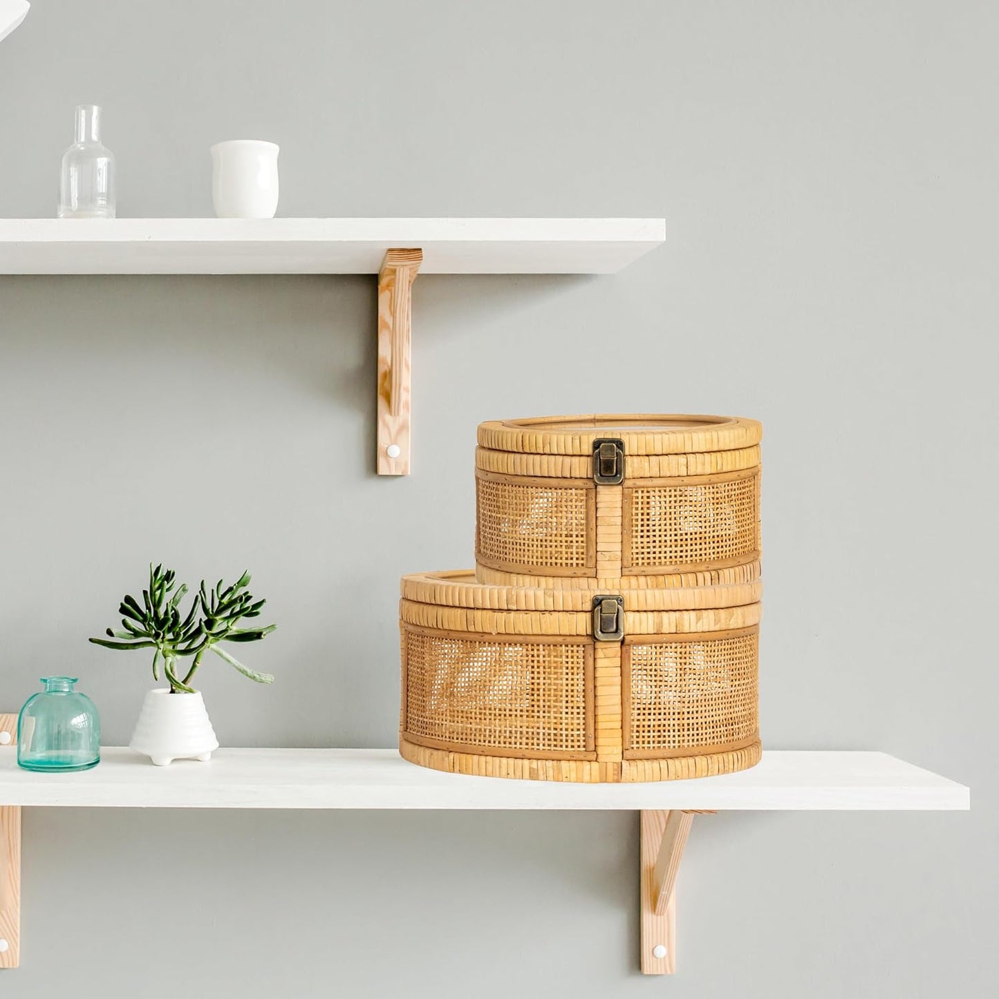Rattan and Bamboo Nestable Round Storage / Natural / Set of 2